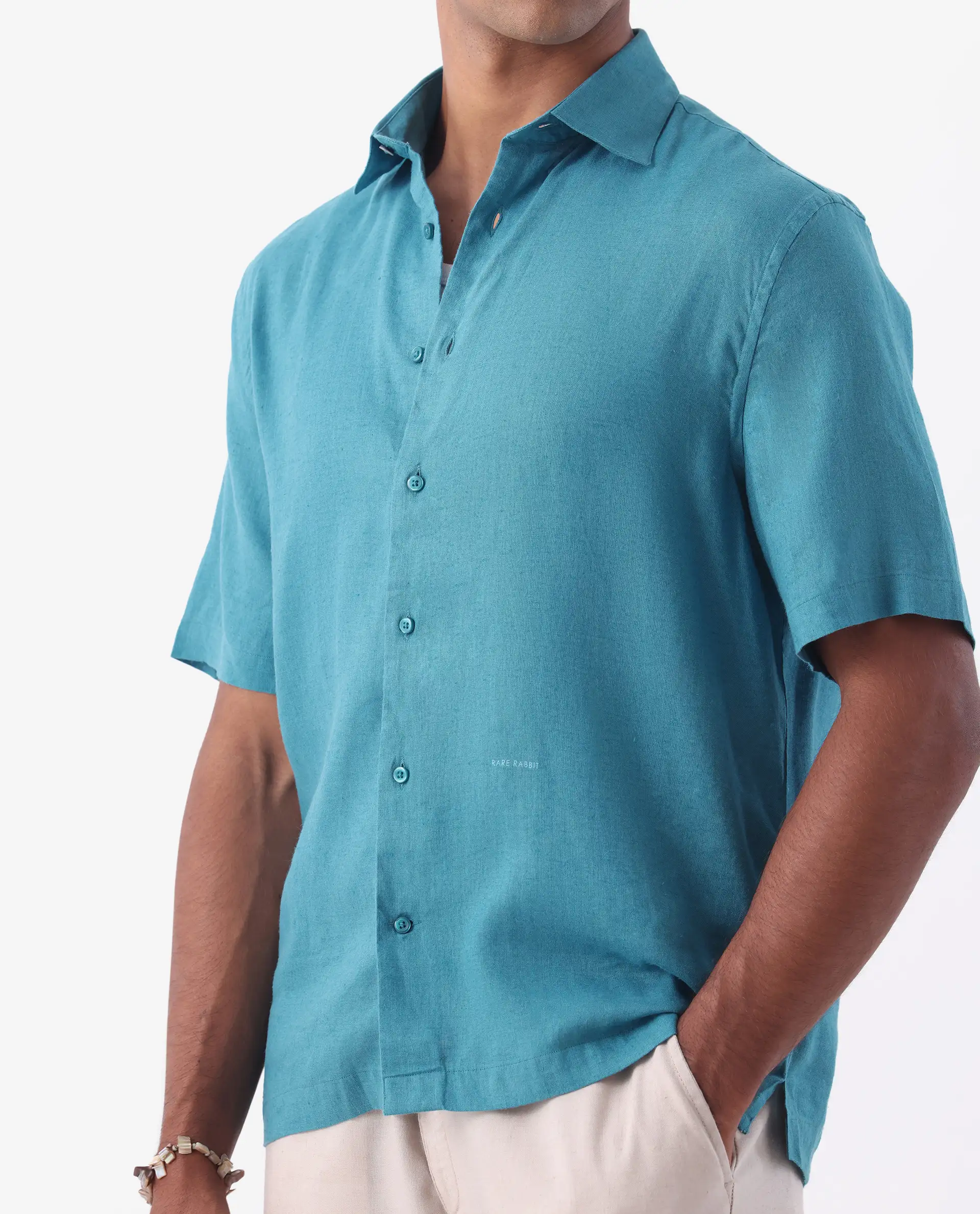 Rare Rabbit Men's Linex-1 Ss Turq 100% Linen Plain Regular Fit Half Sleeve Collared Shirt - Image 3