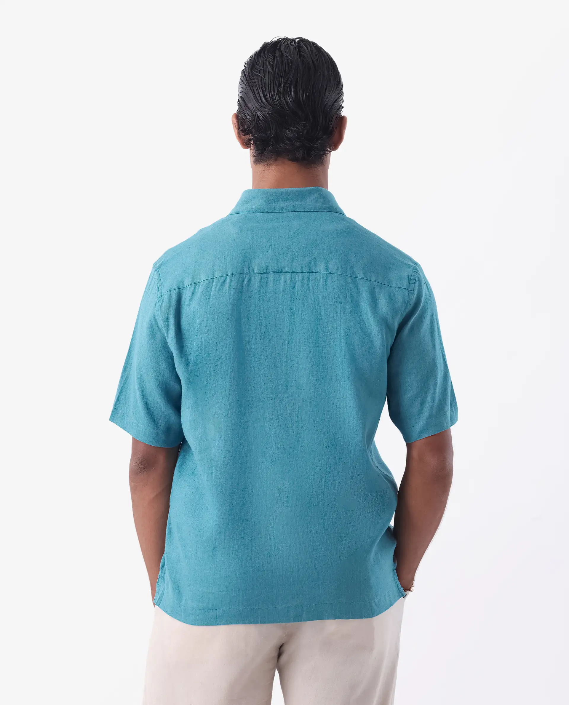 Rare Rabbit Men's Linex-1 Ss Turq 100% Linen Plain Regular Fit Half Sleeve Collared Shirt - Image 4