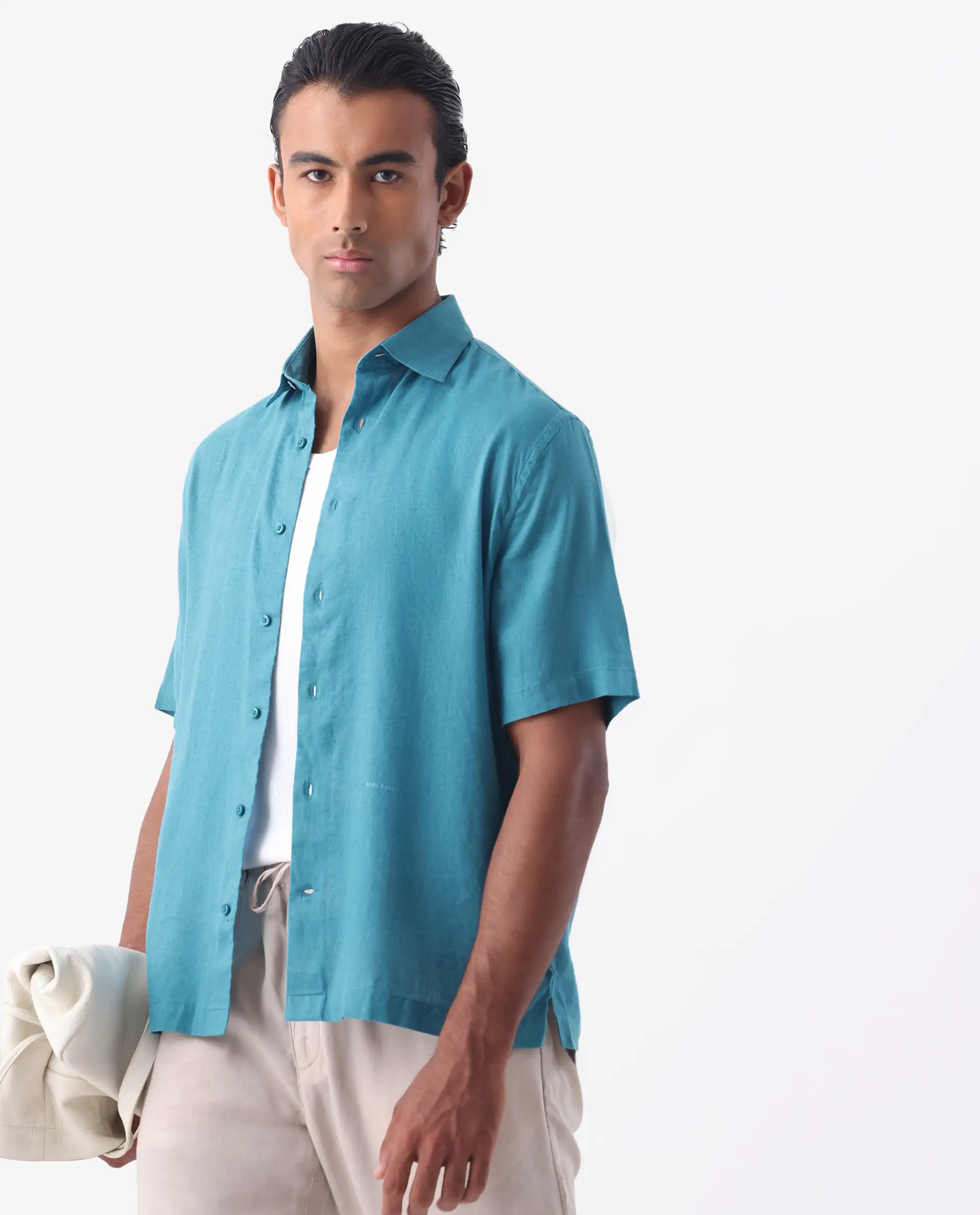 Rare Rabbit Men's Linex-1 Ss Turq 100% Linen Plain Regular Fit Half Sleeve Collared Shirt - Image 5