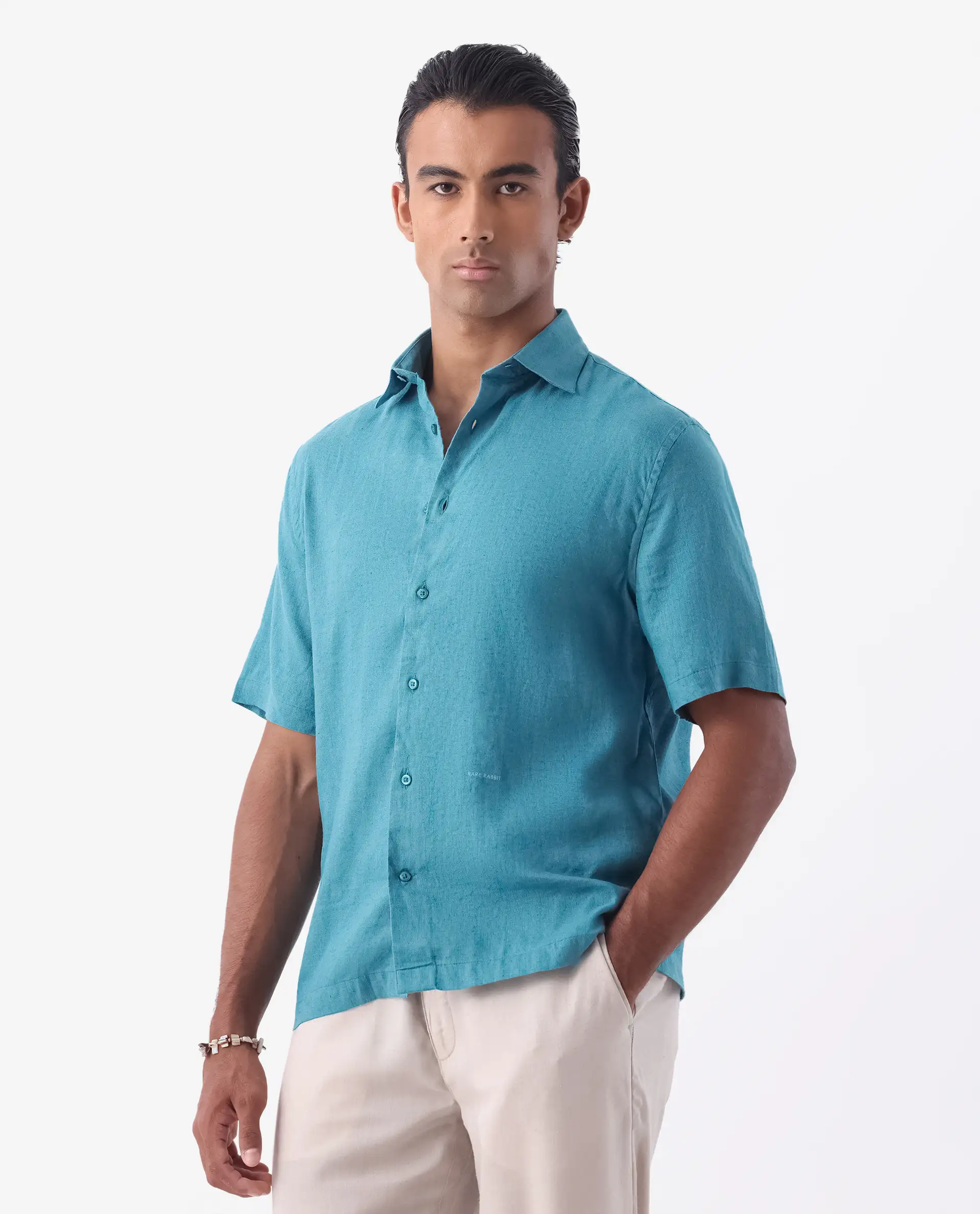 Rare Rabbit Men's Linex-1 Ss Turq 100% Linen Plain Regular Fit Half Sleeve Collared Shirt - Image 6