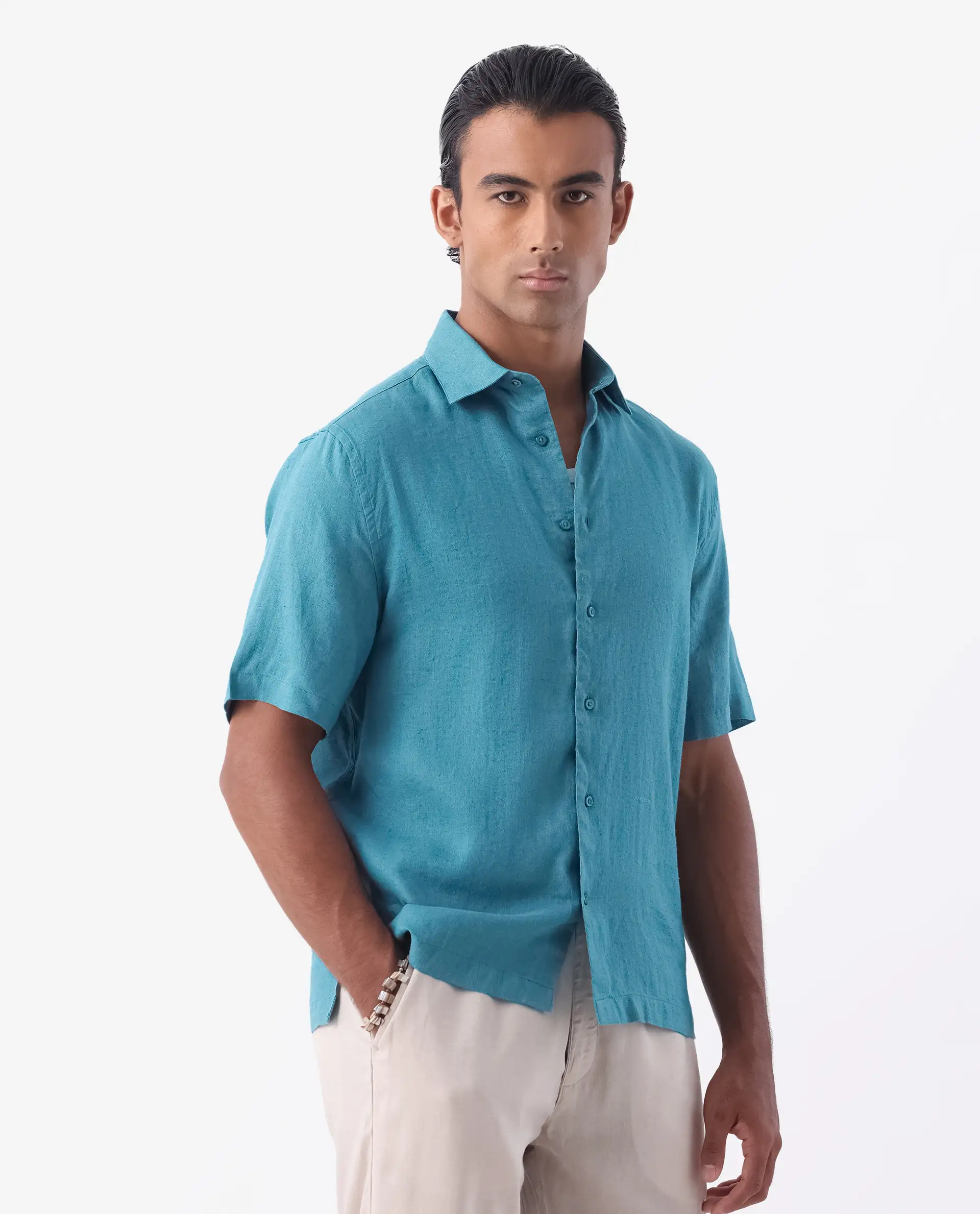 Rare Rabbit Men's Linex-1 Ss Turq 100% Linen Plain Regular Fit Half Sleeve Collared Shirt - Image 7