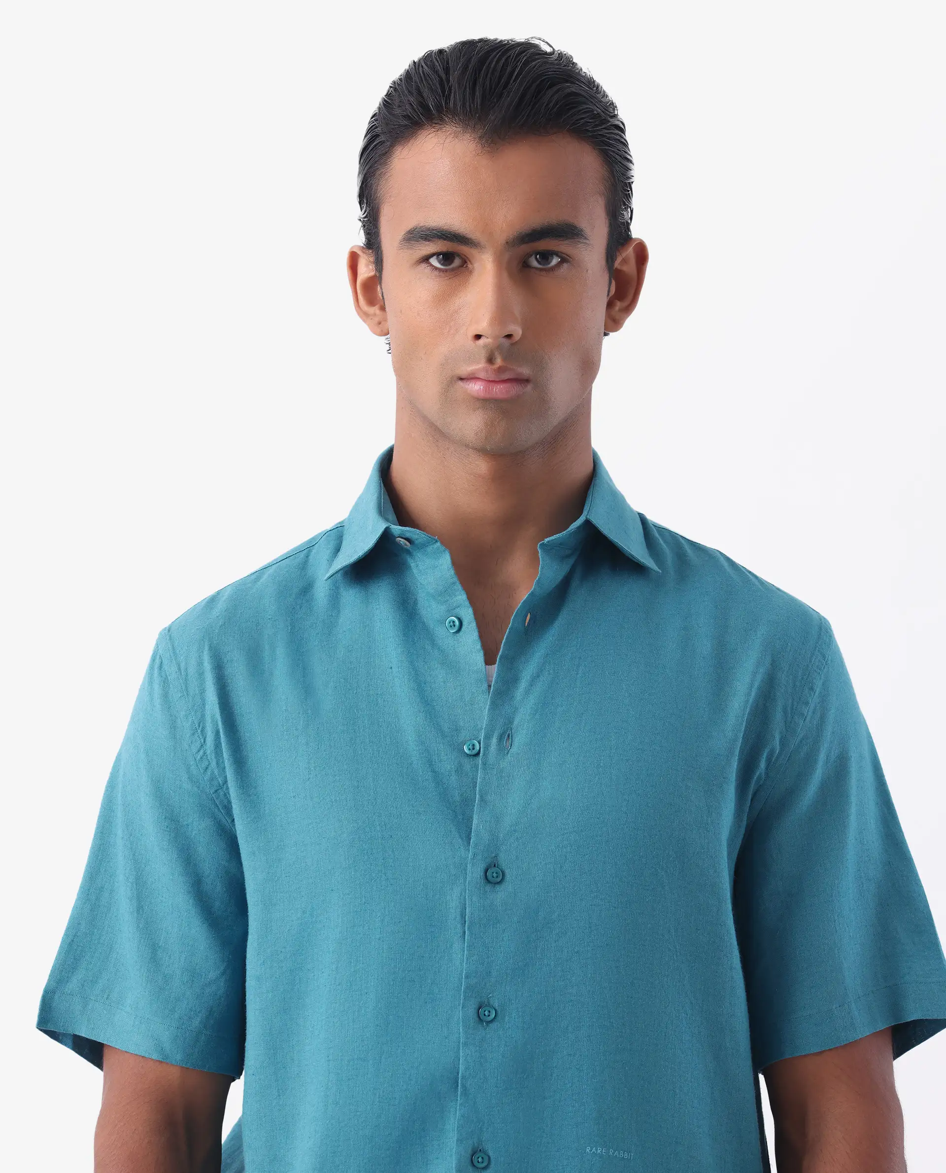 Rare Rabbit Men's Linex-1 Ss Turq 100% Linen Plain Regular Fit Half Sleeve Collared Shirt - Image 8