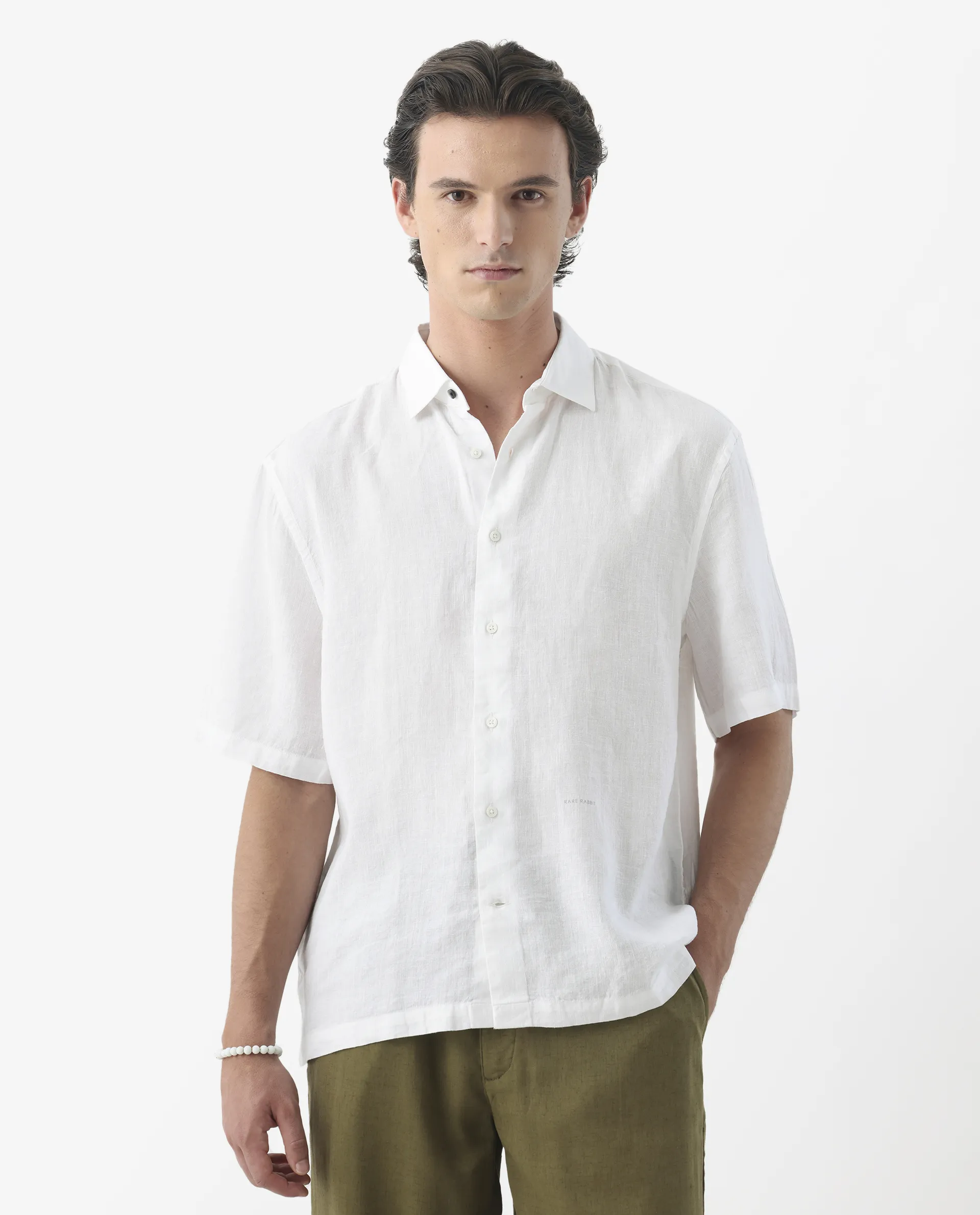 Rare Rabbit Men's Linex-1 Ss White 100% Linen Plain Regular Fit Half Sleeve Collared Shirt - Image 2