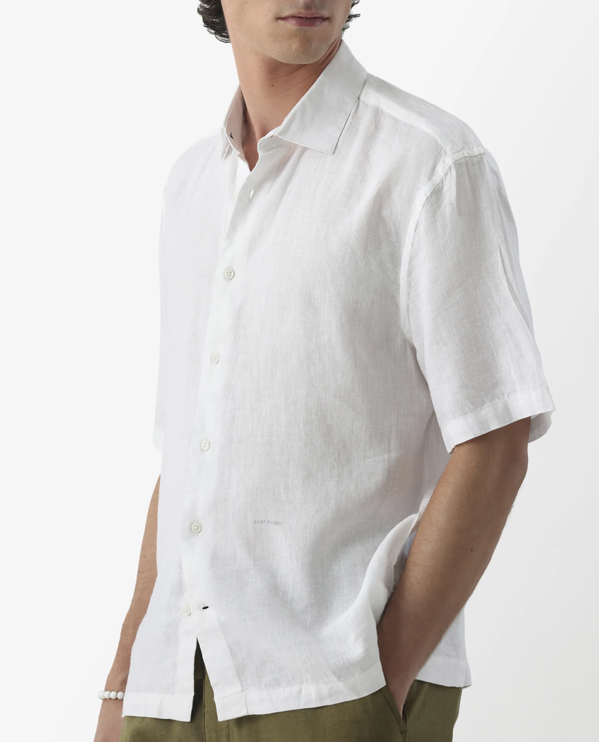 Rare Rabbit Men's Linex-1 Ss White 100% Linen Plain Regular Fit Half Sleeve Collared Shirt - Image 3