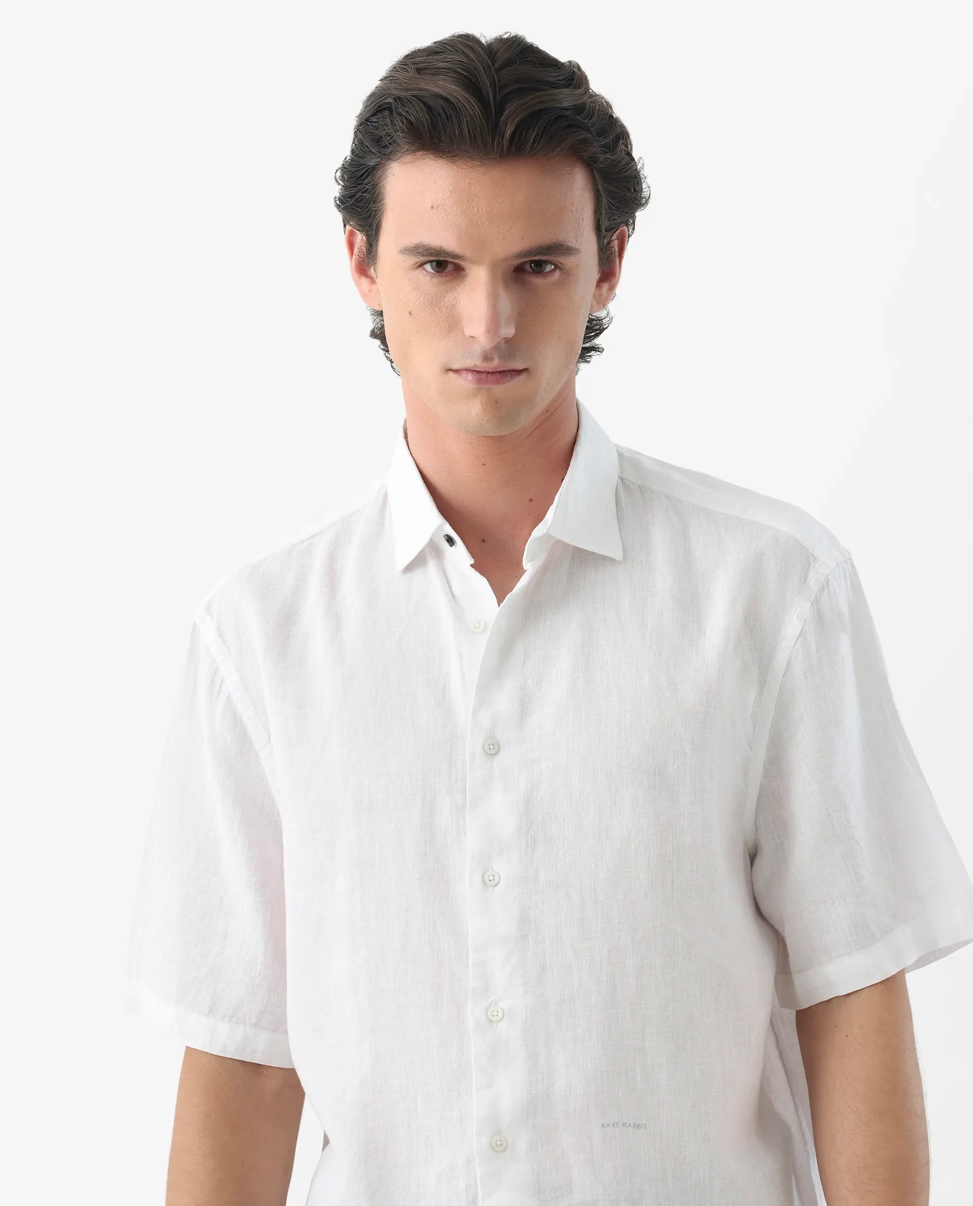 Rare Rabbit Men's Linex-1 Ss White 100% Linen Plain Regular Fit Half Sleeve Collared Shirt - Image 4