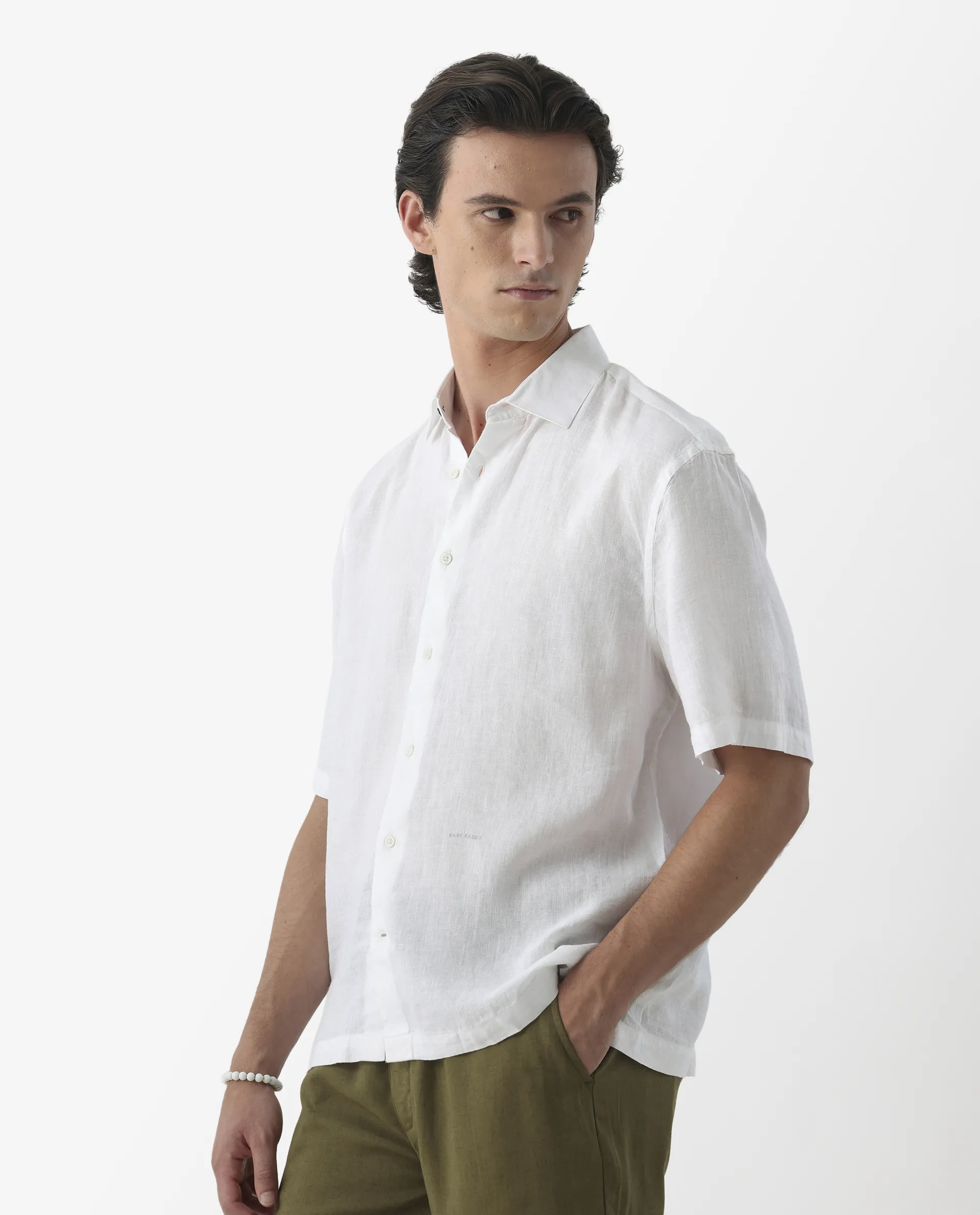Rare Rabbit Men's Linex-1 Ss White 100% Linen Plain Regular Fit Half Sleeve Collared Shirt - Image 5
