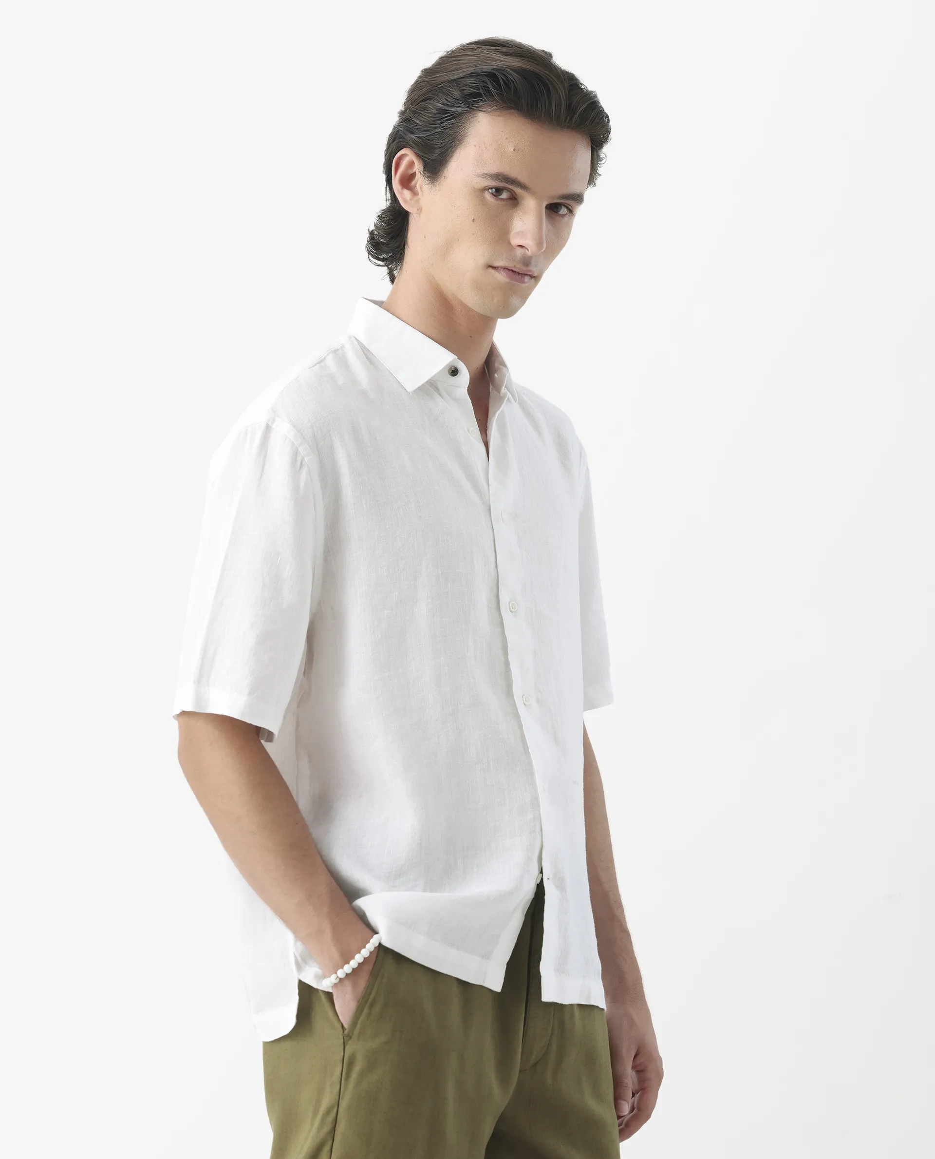 Rare Rabbit Men's Linex-1 Ss White 100% Linen Plain Regular Fit Half Sleeve Collared Shirt - Image 6