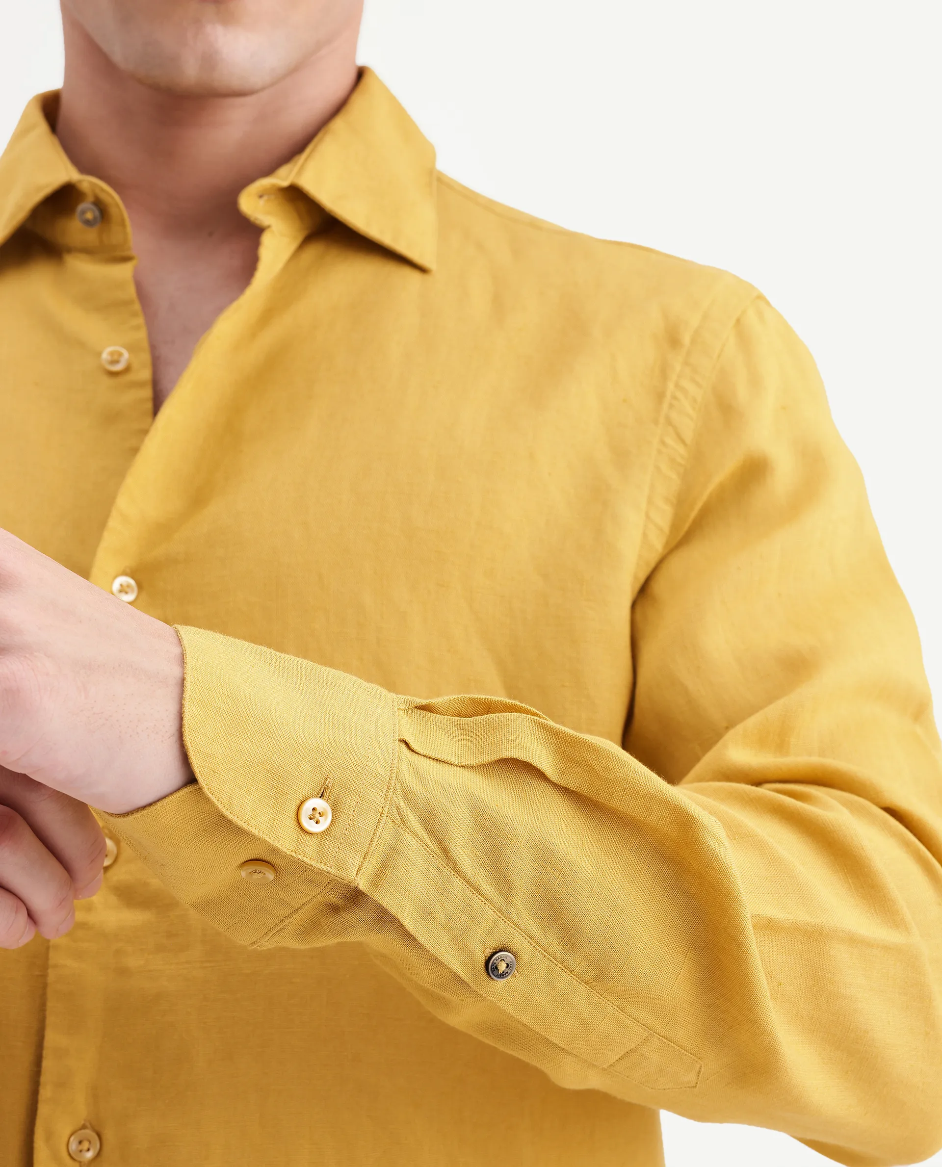 Rare Rabbit Men's Linex-Ls-Aw26 Dusky Mustard Linen Blend Spread Collar Regular Fit Plain Shirt - Image 3