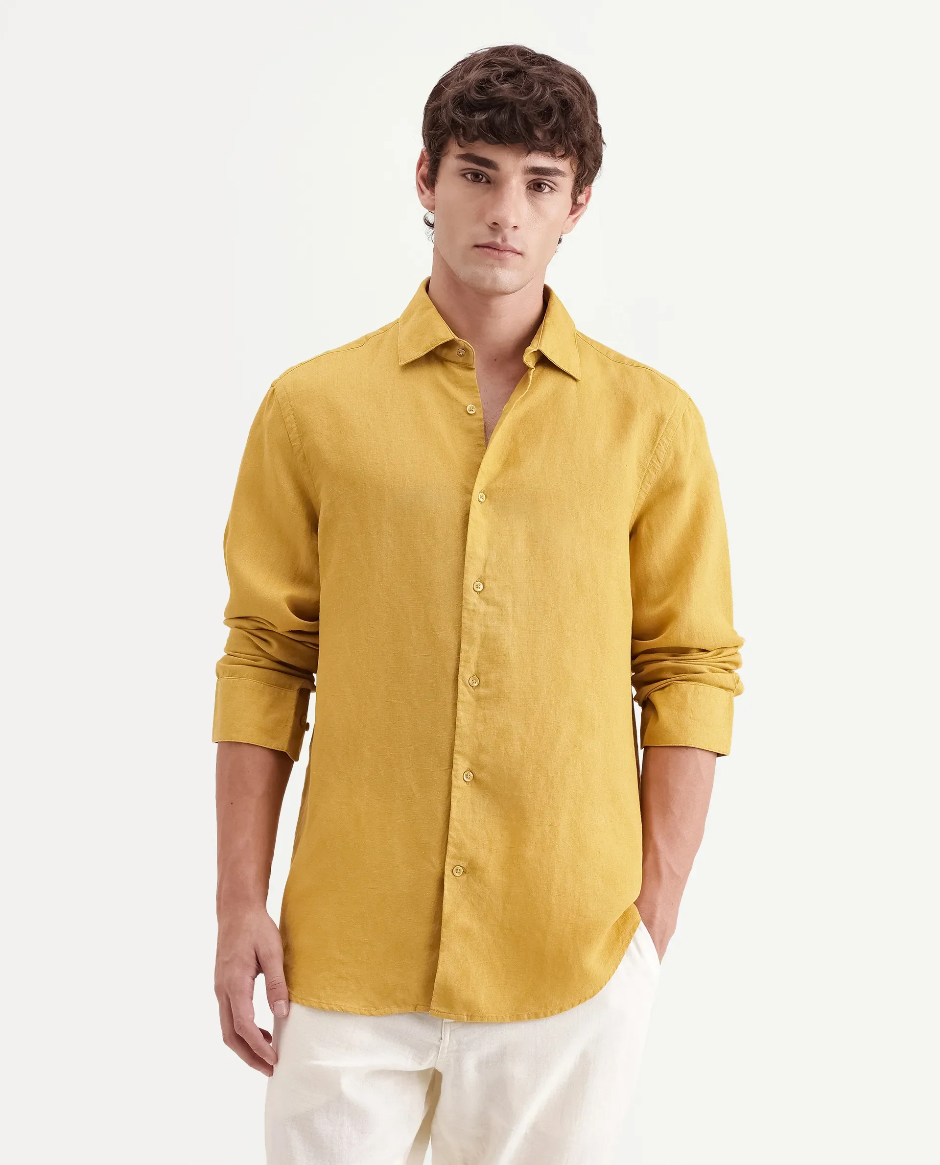 Rare Rabbit Men's Linex-Ls-Aw26 Dusky Mustard Linen Blend Spread Collar Regular Fit Plain Shirt - Image 4