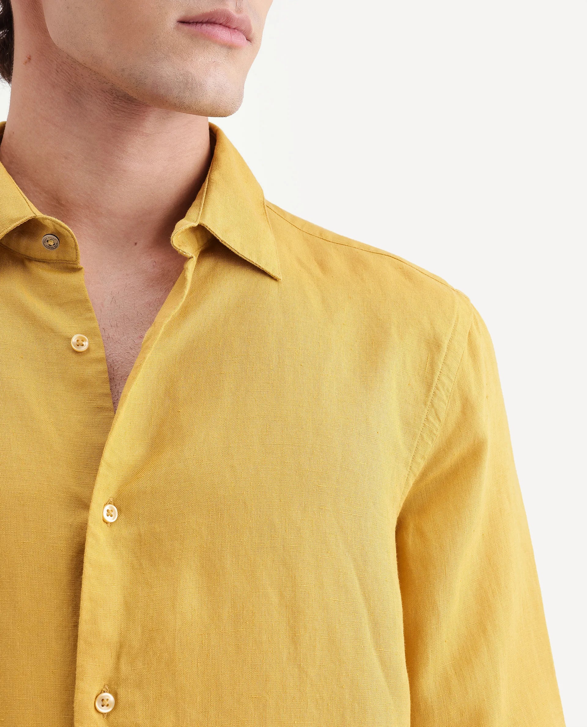Rare Rabbit Men's Linex-Ls-Aw26 Dusky Mustard Linen Blend Spread Collar Regular Fit Plain Shirt - Image 5