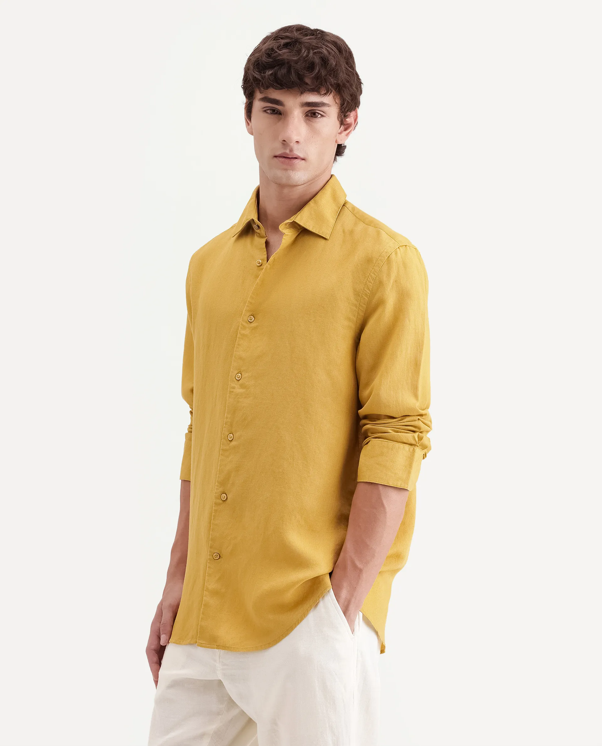 Rare Rabbit Men's Linex-Ls-Aw26 Dusky Mustard Linen Blend Spread Collar Regular Fit Plain Shirt - Image 6