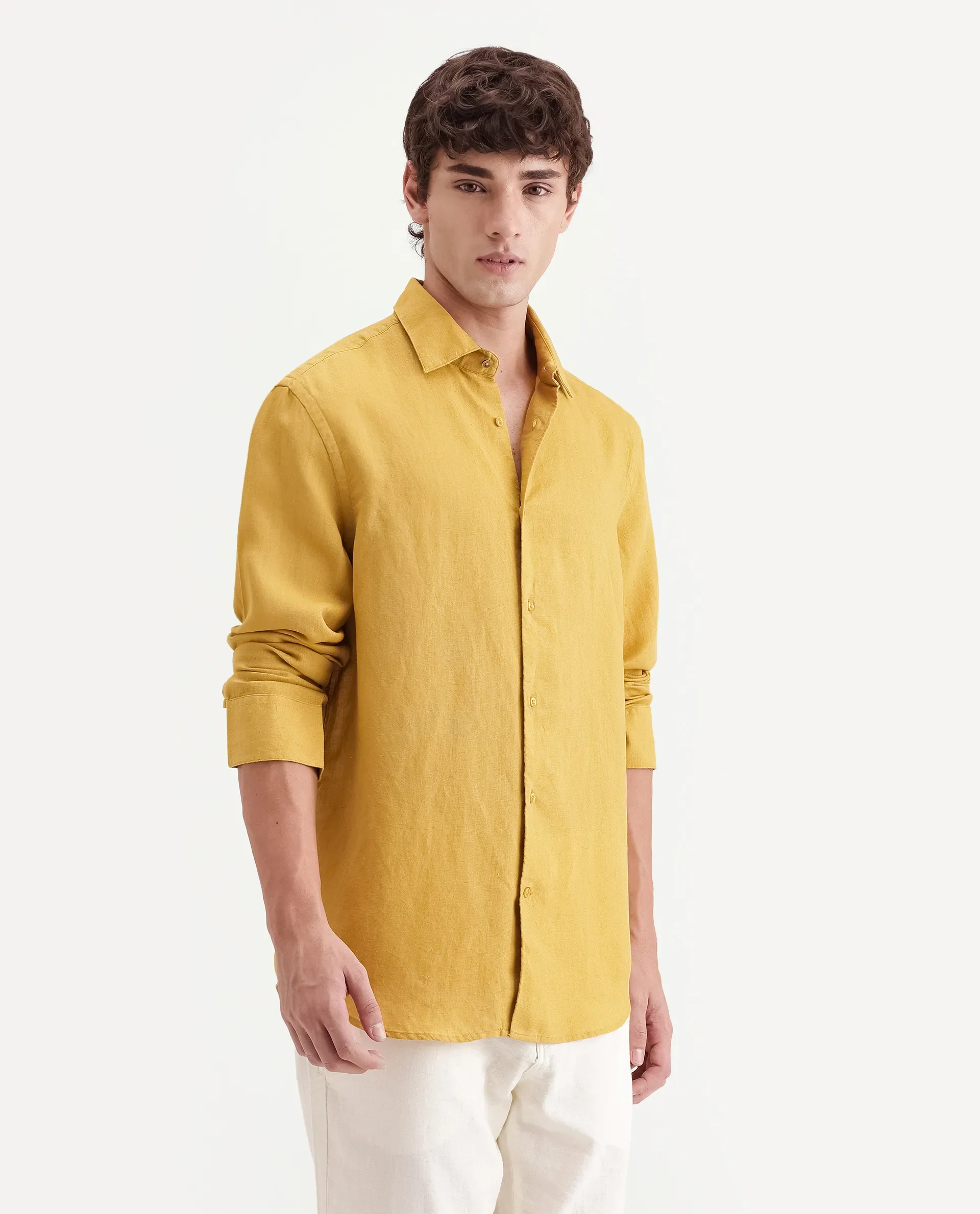 Rare Rabbit Men's Linex-Ls-Aw26 Dusky Mustard Linen Blend Spread Collar Regular Fit Plain Shirt - Image 7