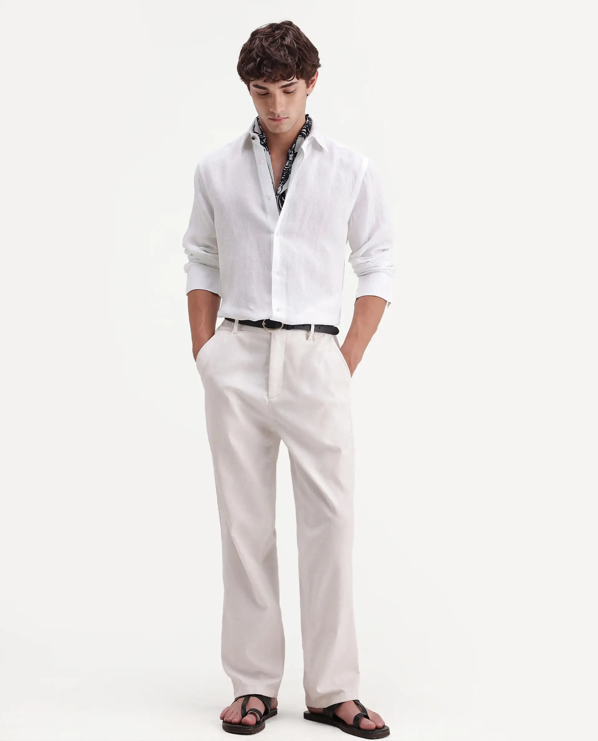 Rare Rabbit Men's Linex-Ls-Aw26 White Linen Blend Spread Collar Regular Fit Plain Shirt - Image 2