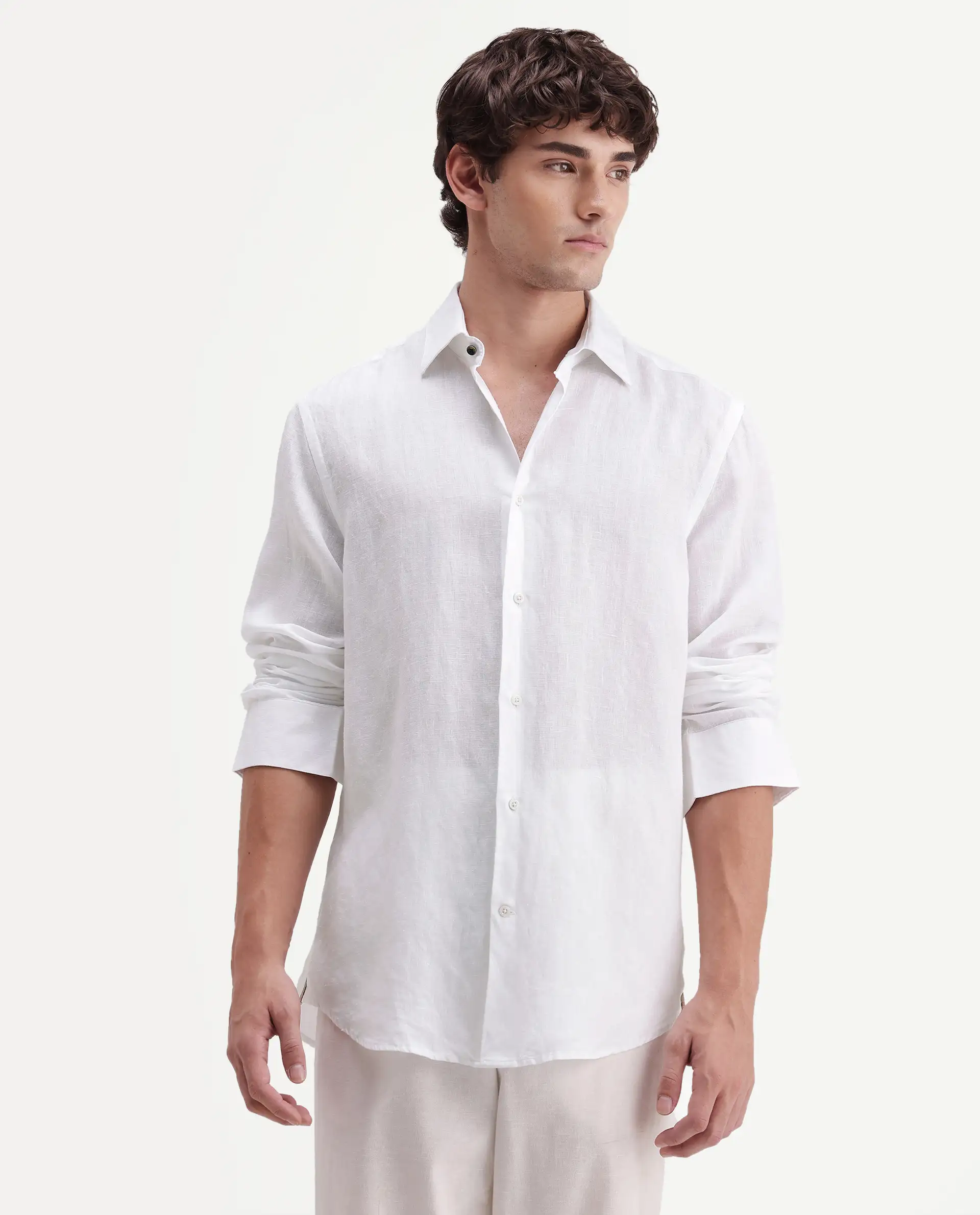 Rare Rabbit Men's Linex-Ls-Aw26 White Linen Blend Spread Collar Regular Fit Plain Shirt - Image 4