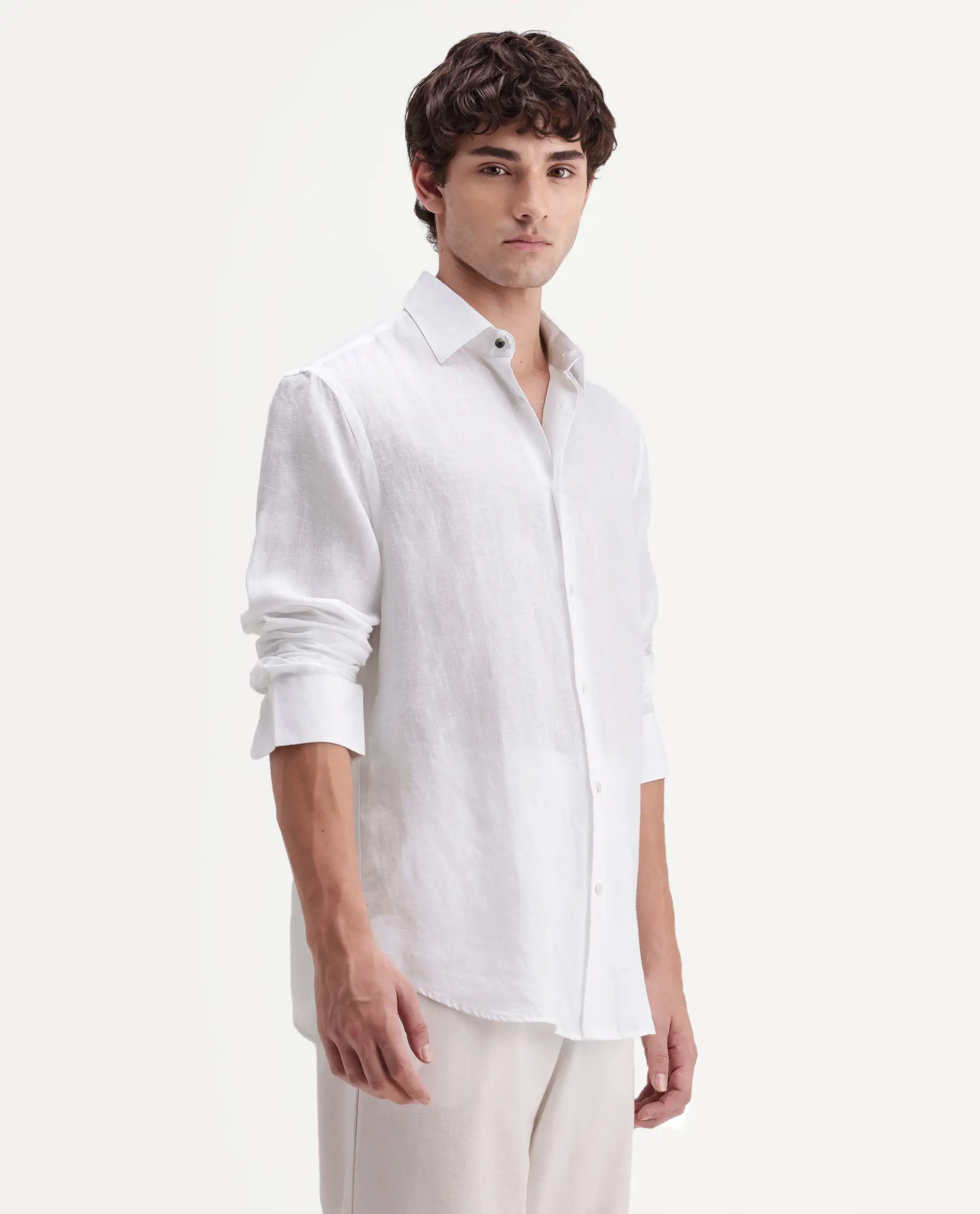 Rare Rabbit Men's Linex-Ls-Aw26 White Linen Blend Spread Collar Regular Fit Plain Shirt - Image 5