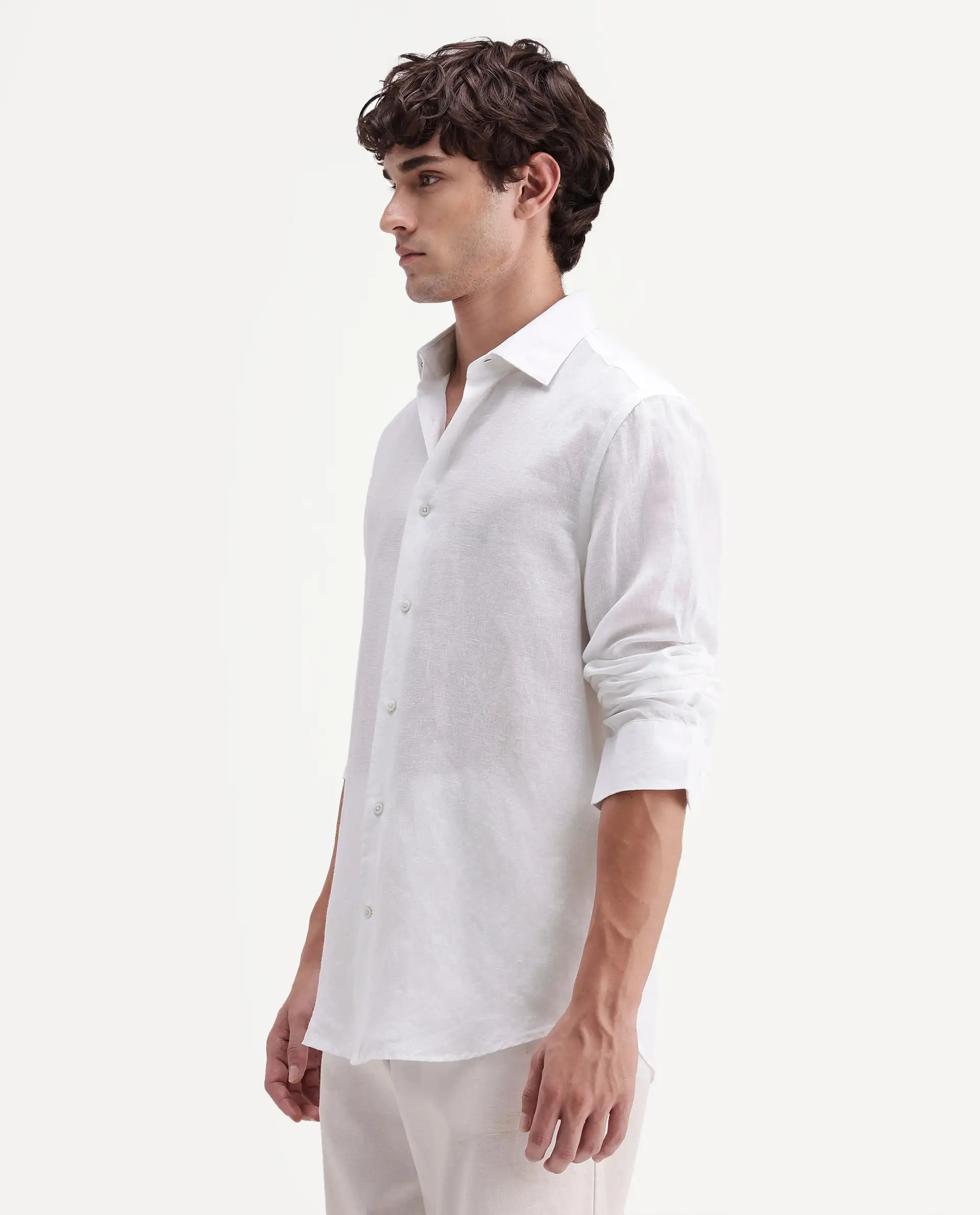 Rare Rabbit Men's Linex-Ls-Aw26 White Linen Blend Spread Collar Regular Fit Plain Shirt - Image 6