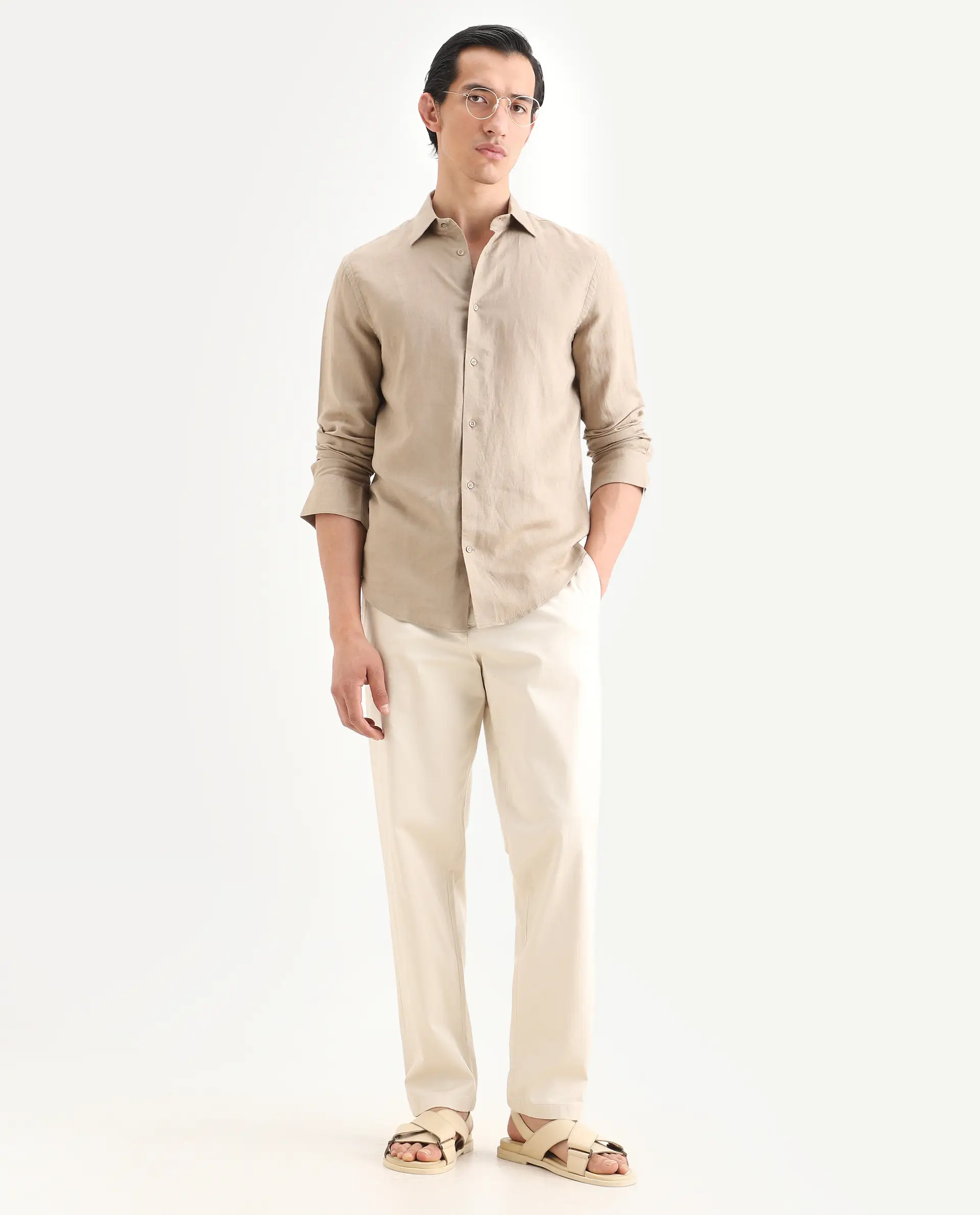 Rare Rabbit Men's Linex Ls Beige Linen Blend Fabric Full Sleeve Spread Collar Regular Fit Plain Shirt - Image 2
