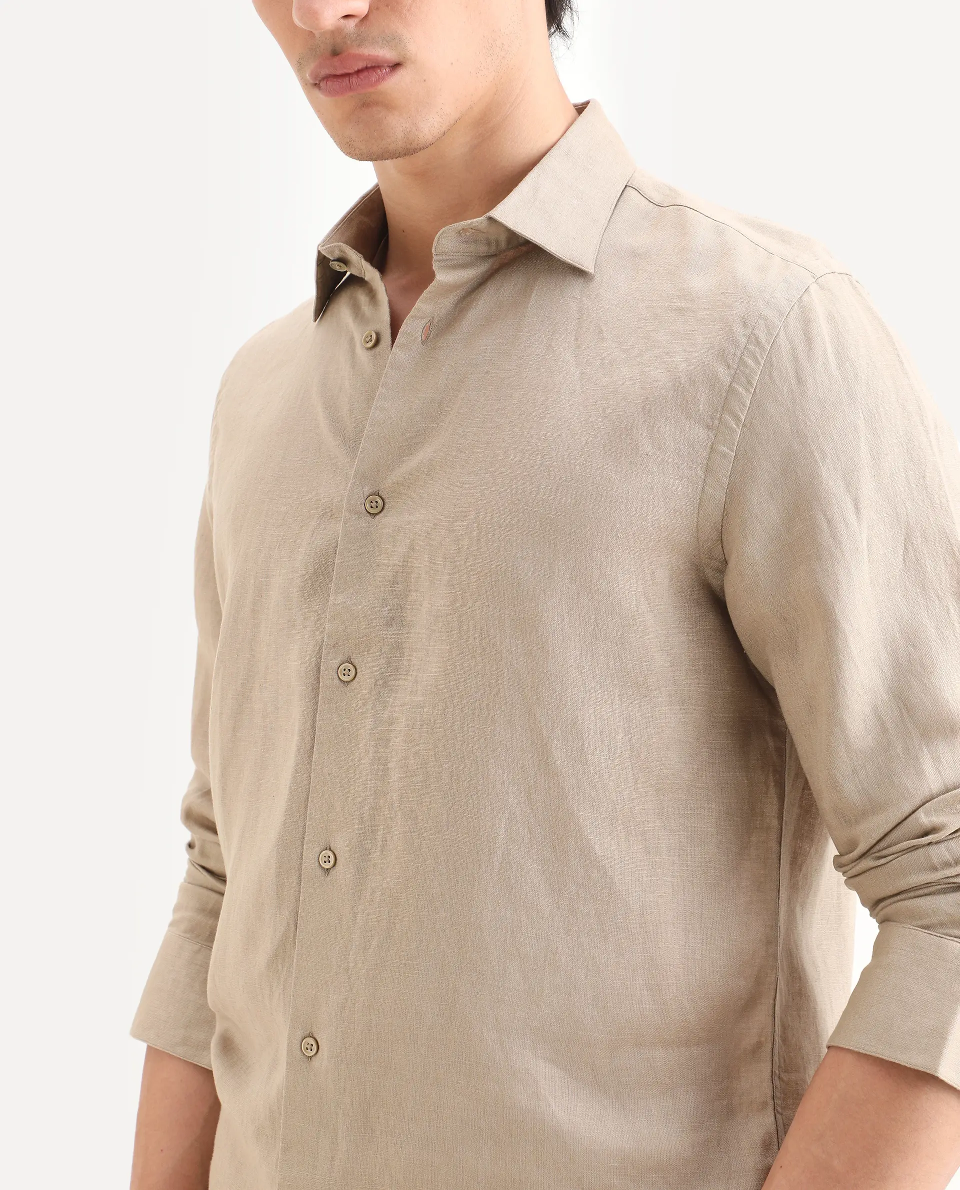 Rare Rabbit Men's Linex Ls Beige Linen Blend Fabric Full Sleeve Spread Collar Regular Fit Plain Shirt - Image 3
