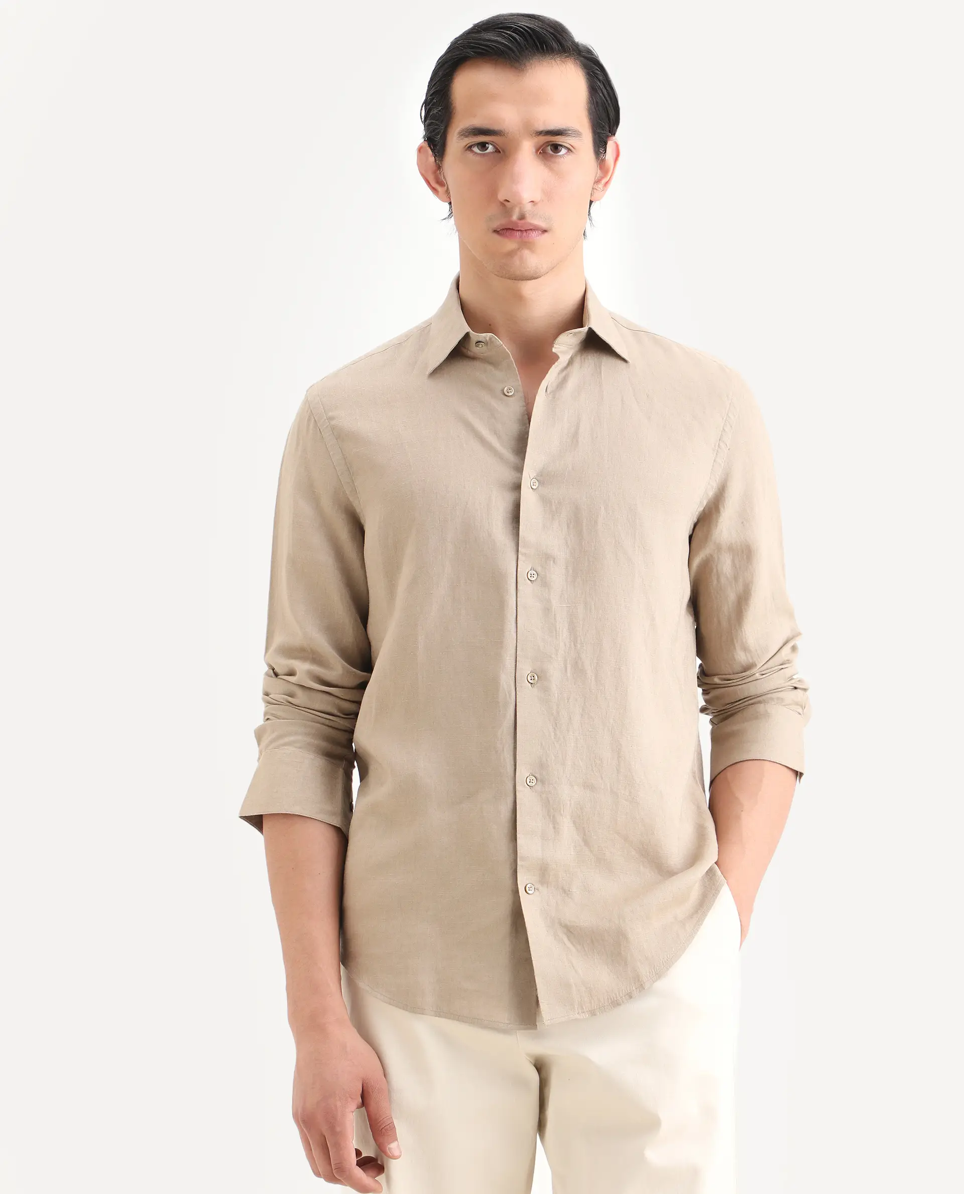 Rare Rabbit Men's Linex Ls Beige Linen Blend Fabric Full Sleeve Spread Collar Regular Fit Plain Shirt - Image 4