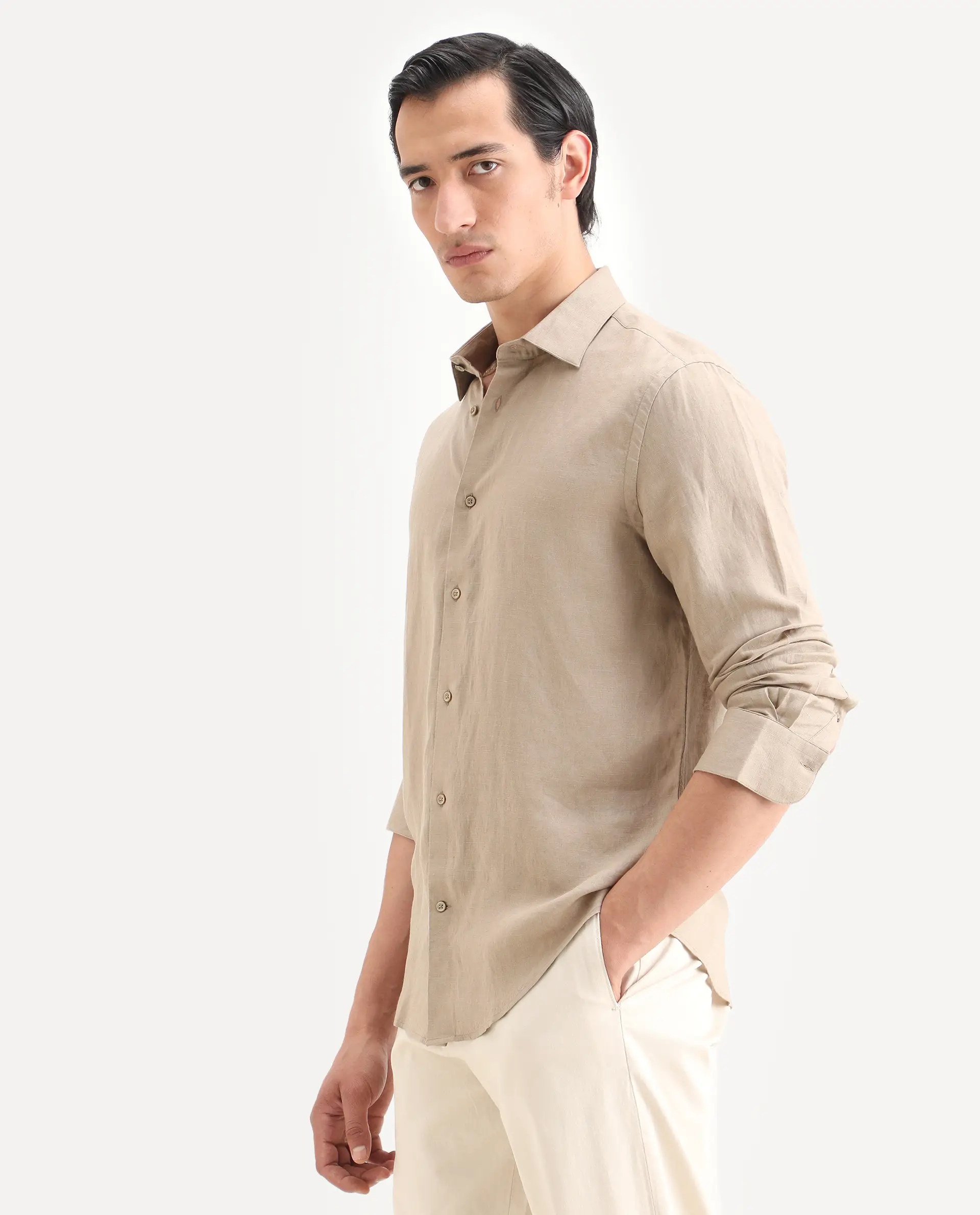 Rare Rabbit Men's Linex Ls Beige Linen Blend Fabric Full Sleeve Spread Collar Regular Fit Plain Shirt - Image 5