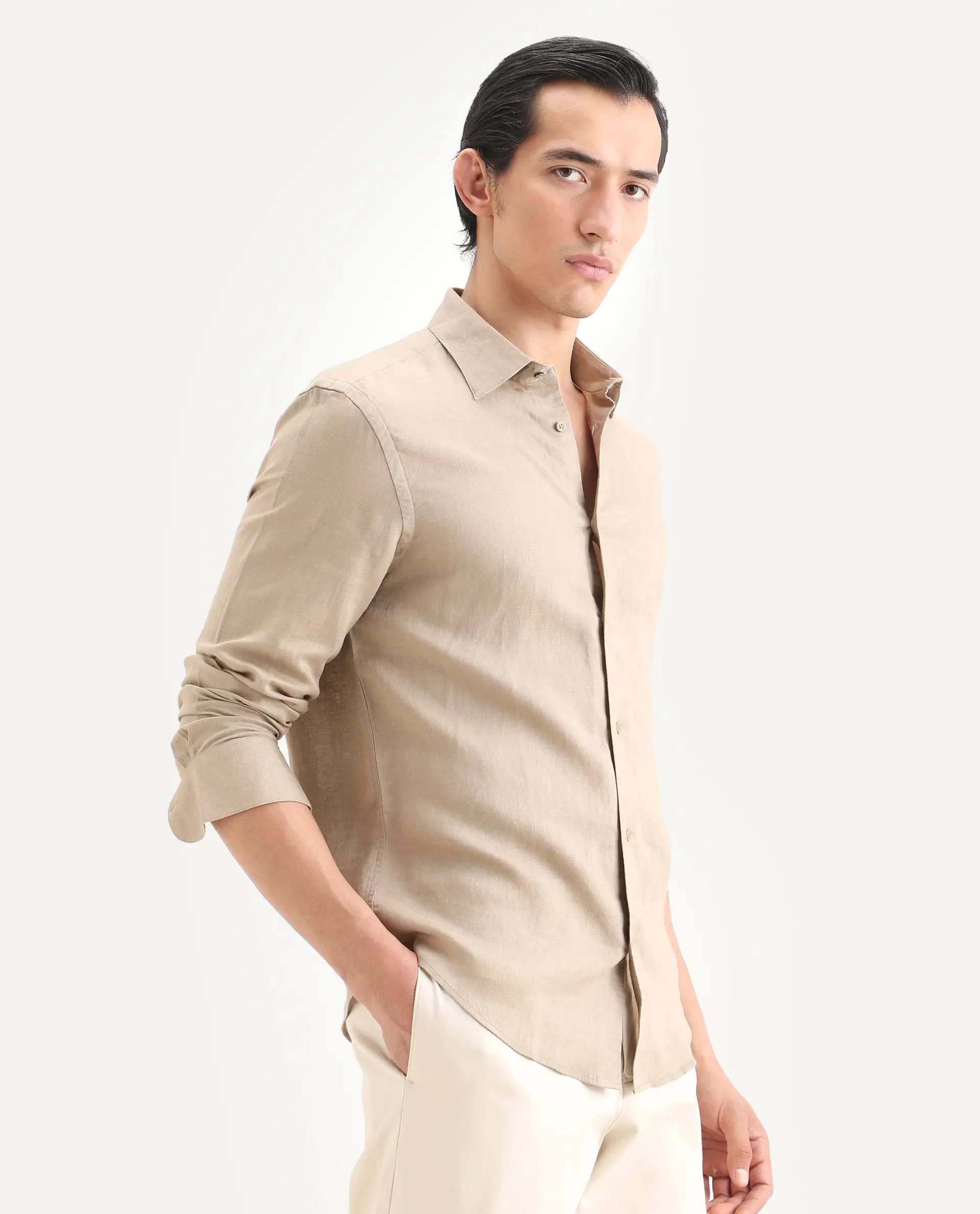 Rare Rabbit Men's Linex Ls Beige Linen Blend Fabric Full Sleeve Spread Collar Regular Fit Plain Shirt - Image 6