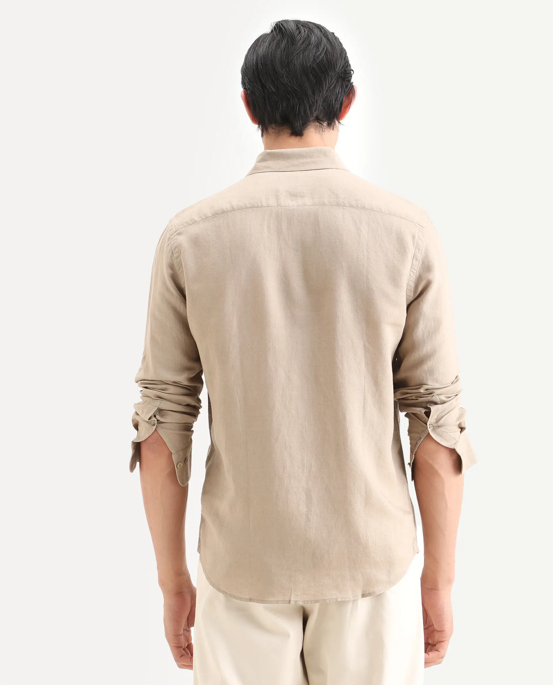 Rare Rabbit Men's Linex Ls Beige Linen Blend Fabric Full Sleeve Spread Collar Regular Fit Plain Shirt - Image 7