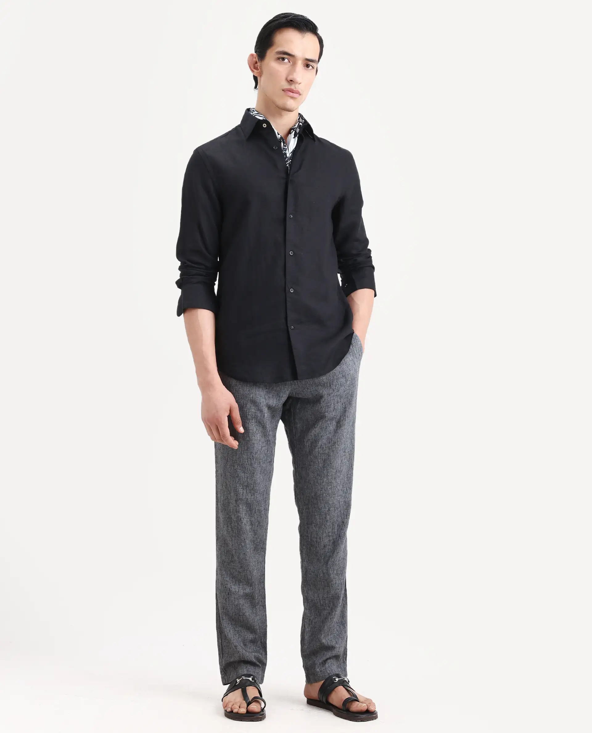 Rare Rabbit Men's Linex Ls Black Linen Blend Fabric Full Sleeve Spread Collar Regular Fit Plain Shirt - Image 2