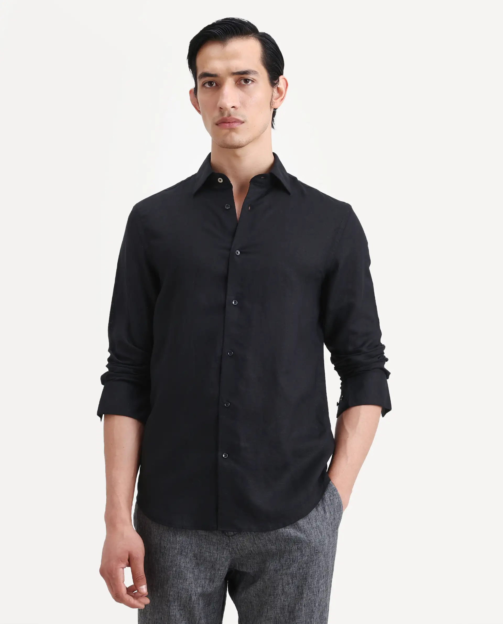 Rare Rabbit Men's Linex Ls Black Linen Blend Fabric Full Sleeve Spread Collar Regular Fit Plain Shirt - Image 3