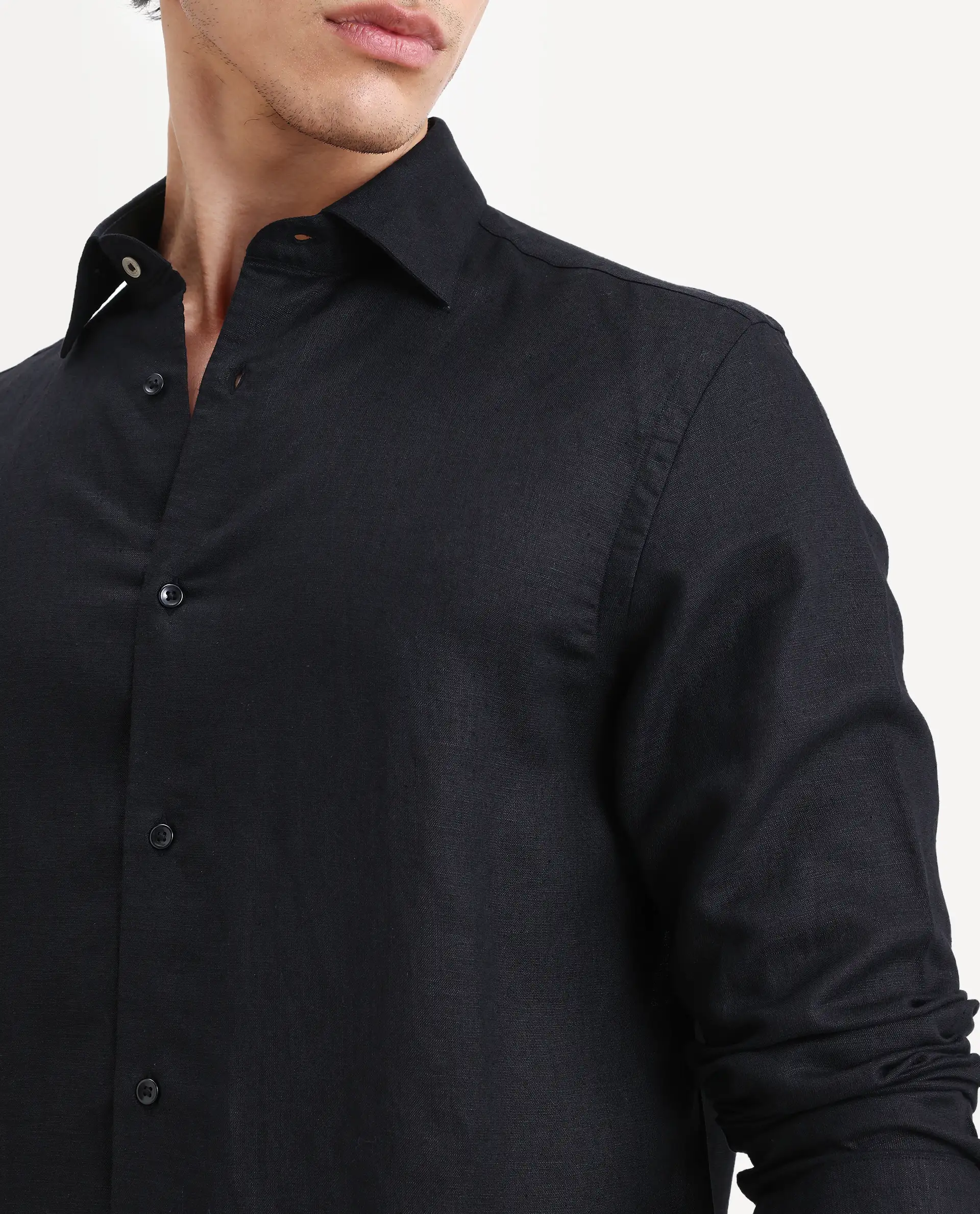 Rare Rabbit Men's Linex Ls Black Linen Blend Fabric Full Sleeve Spread Collar Regular Fit Plain Shirt - Image 4