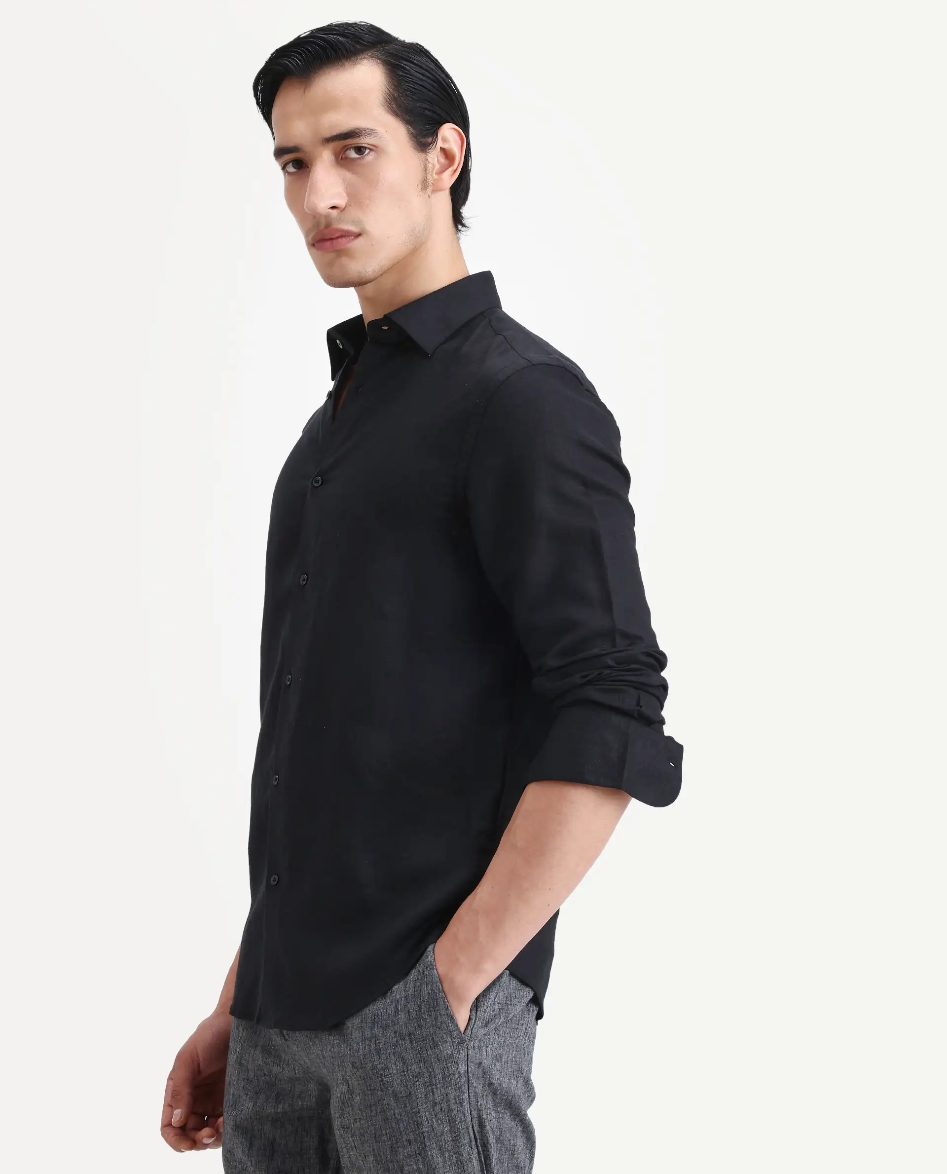 Rare Rabbit Men's Linex Ls Black Linen Blend Fabric Full Sleeve Spread Collar Regular Fit Plain Shirt - Image 5