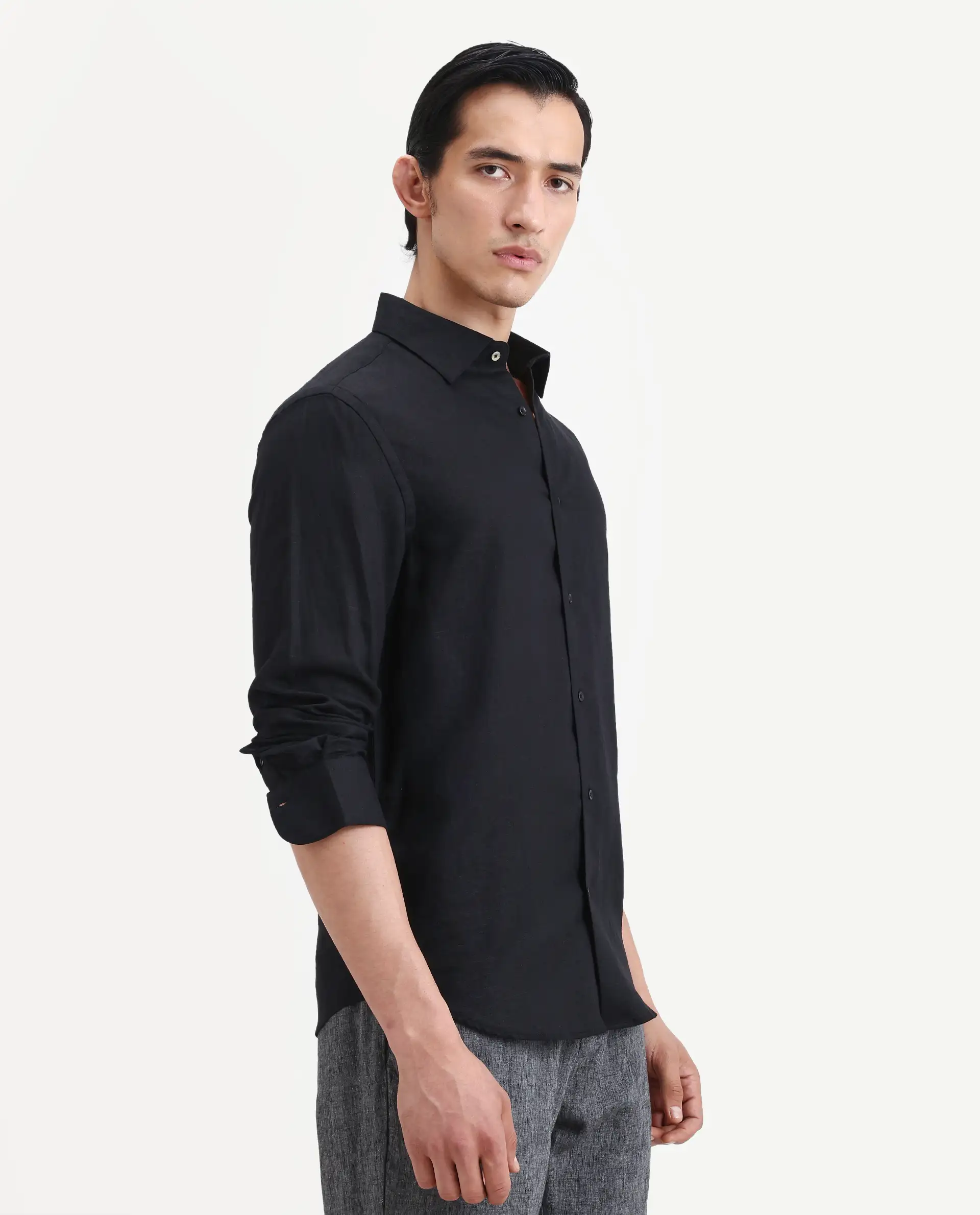 Rare Rabbit Men's Linex Ls Black Linen Blend Fabric Full Sleeve Spread Collar Regular Fit Plain Shirt - Image 6