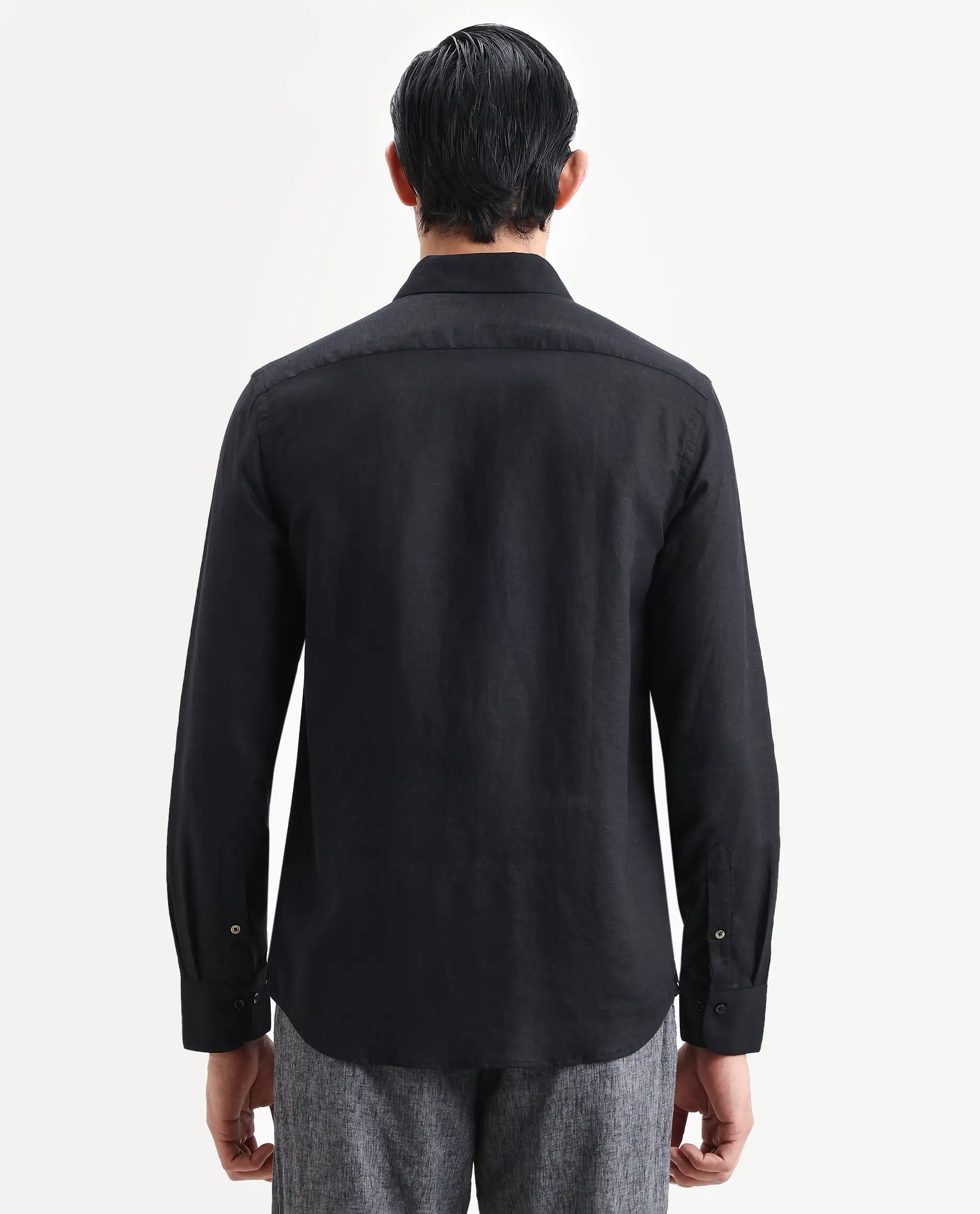Rare Rabbit Men's Linex Ls Black Linen Blend Fabric Full Sleeve Spread Collar Regular Fit Plain Shirt - Image 7