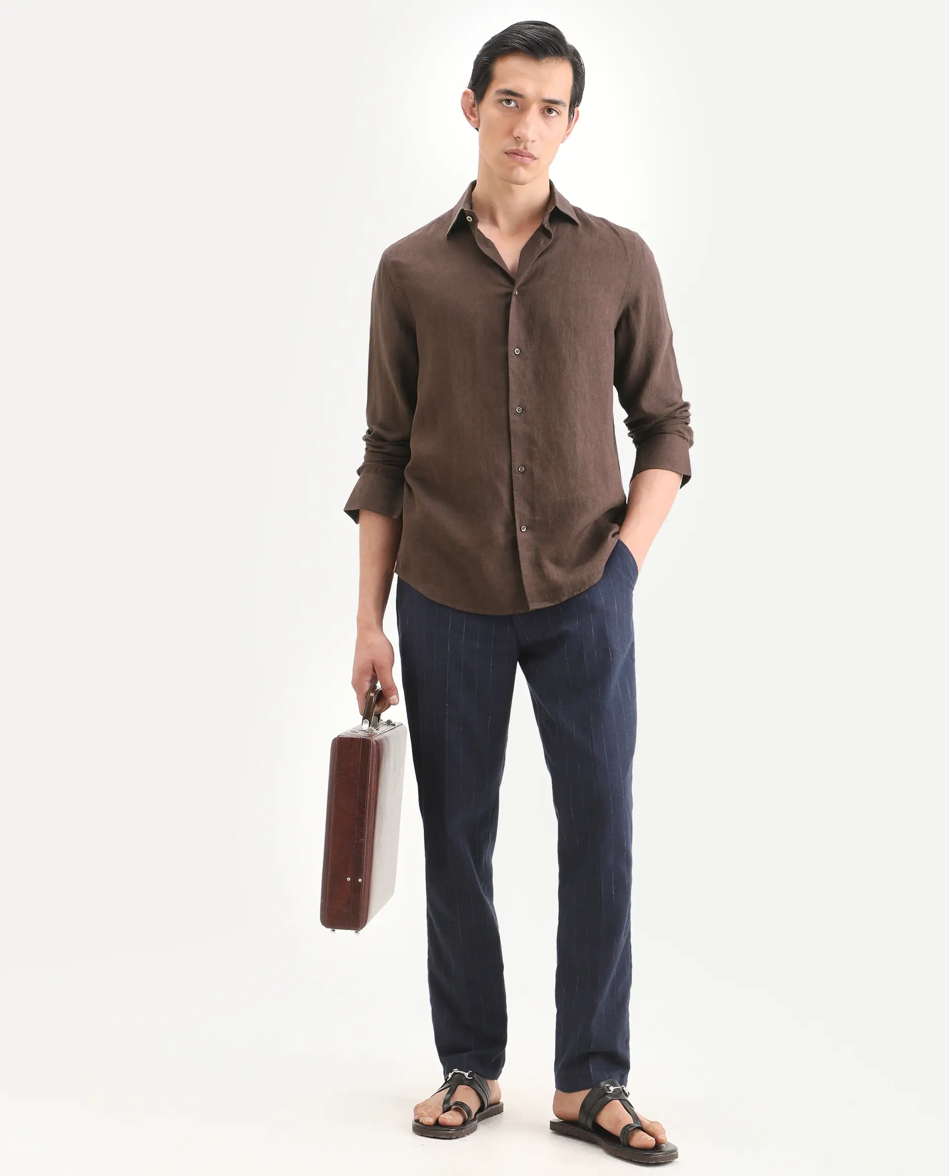 Rare Rabbit Men's Linex Ls Dark Brown Linen Blend Fabric Full Sleeve Spread Collar Regular Fit Plain Shirt - Image 2