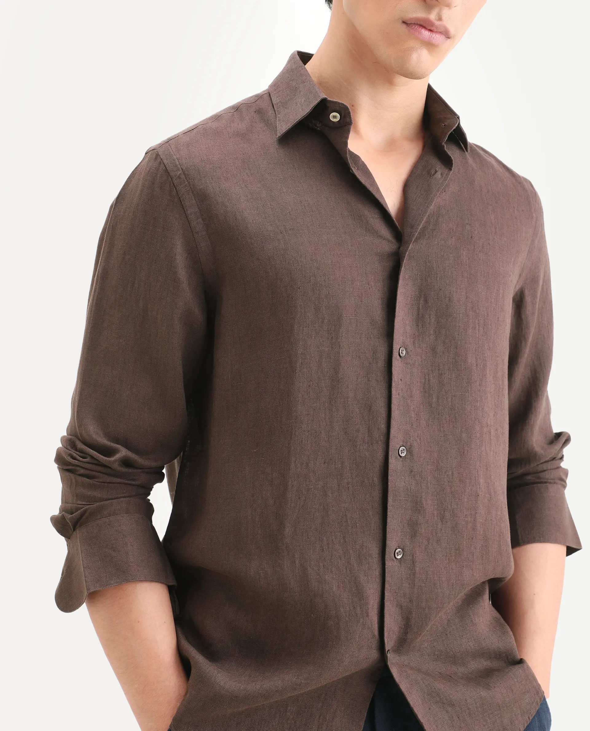 Rare Rabbit Men's Linex Ls Dark Brown Linen Blend Fabric Full Sleeve Spread Collar Regular Fit Plain Shirt - Image 3