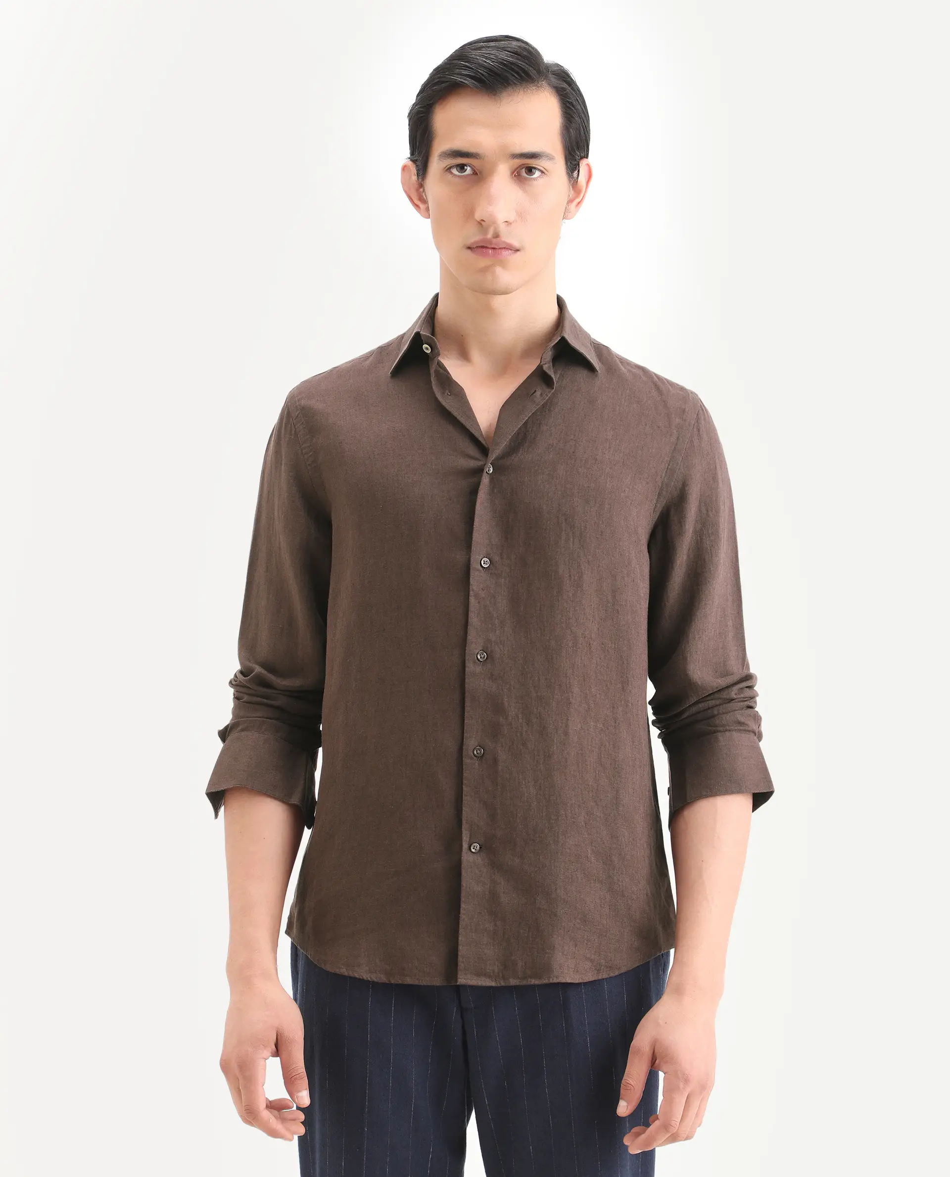 Rare Rabbit Men's Linex Ls Dark Brown Linen Blend Fabric Full Sleeve Spread Collar Regular Fit Plain Shirt - Image 4