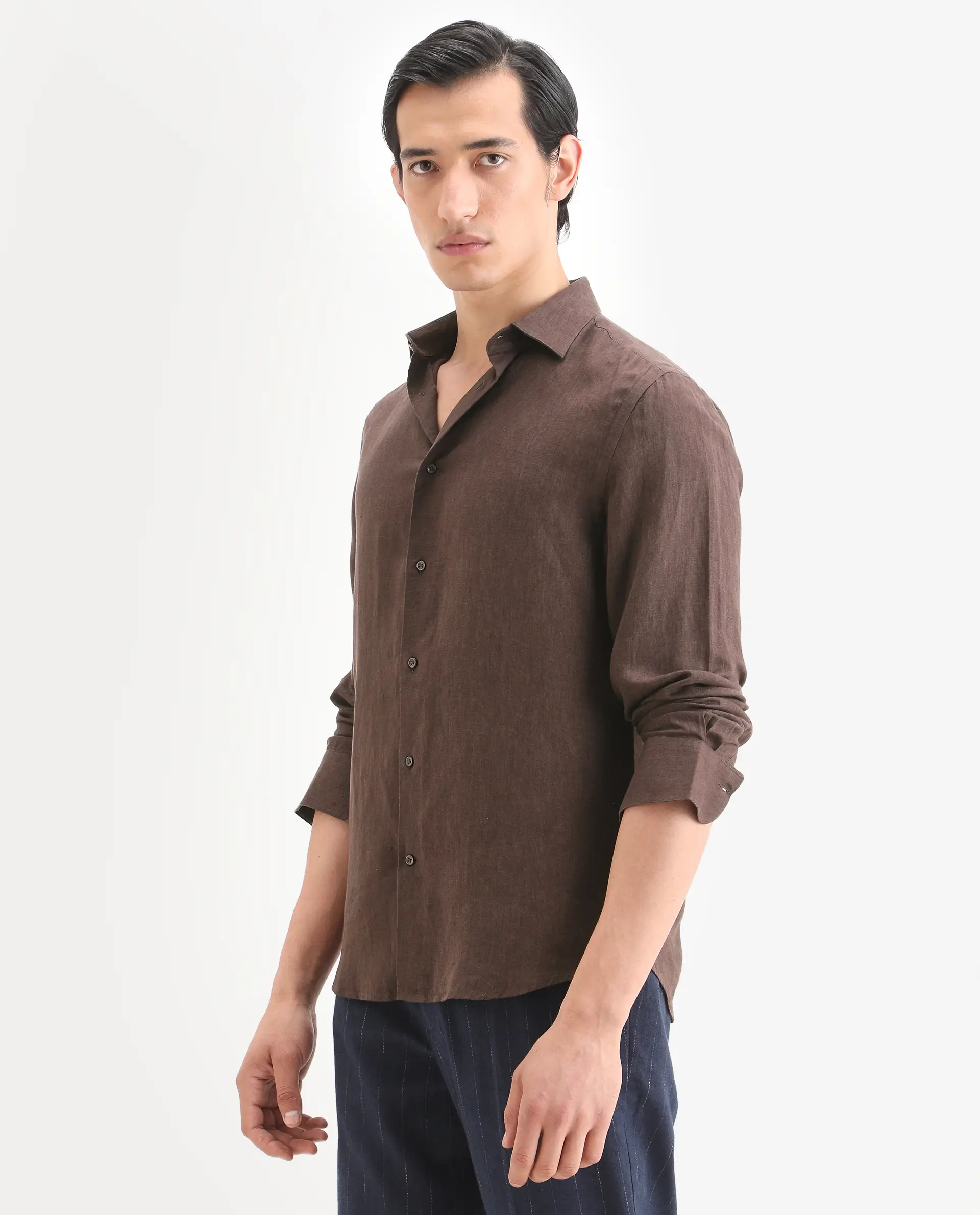 Rare Rabbit Men's Linex Ls Dark Brown Linen Blend Fabric Full Sleeve Spread Collar Regular Fit Plain Shirt - Image 5