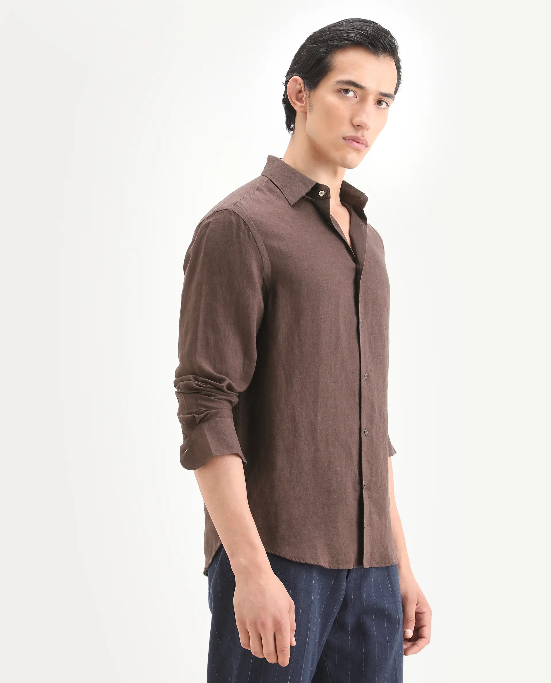 Rare Rabbit Men's Linex Ls Dark Brown Linen Blend Fabric Full Sleeve Spread Collar Regular Fit Plain Shirt - Image 6