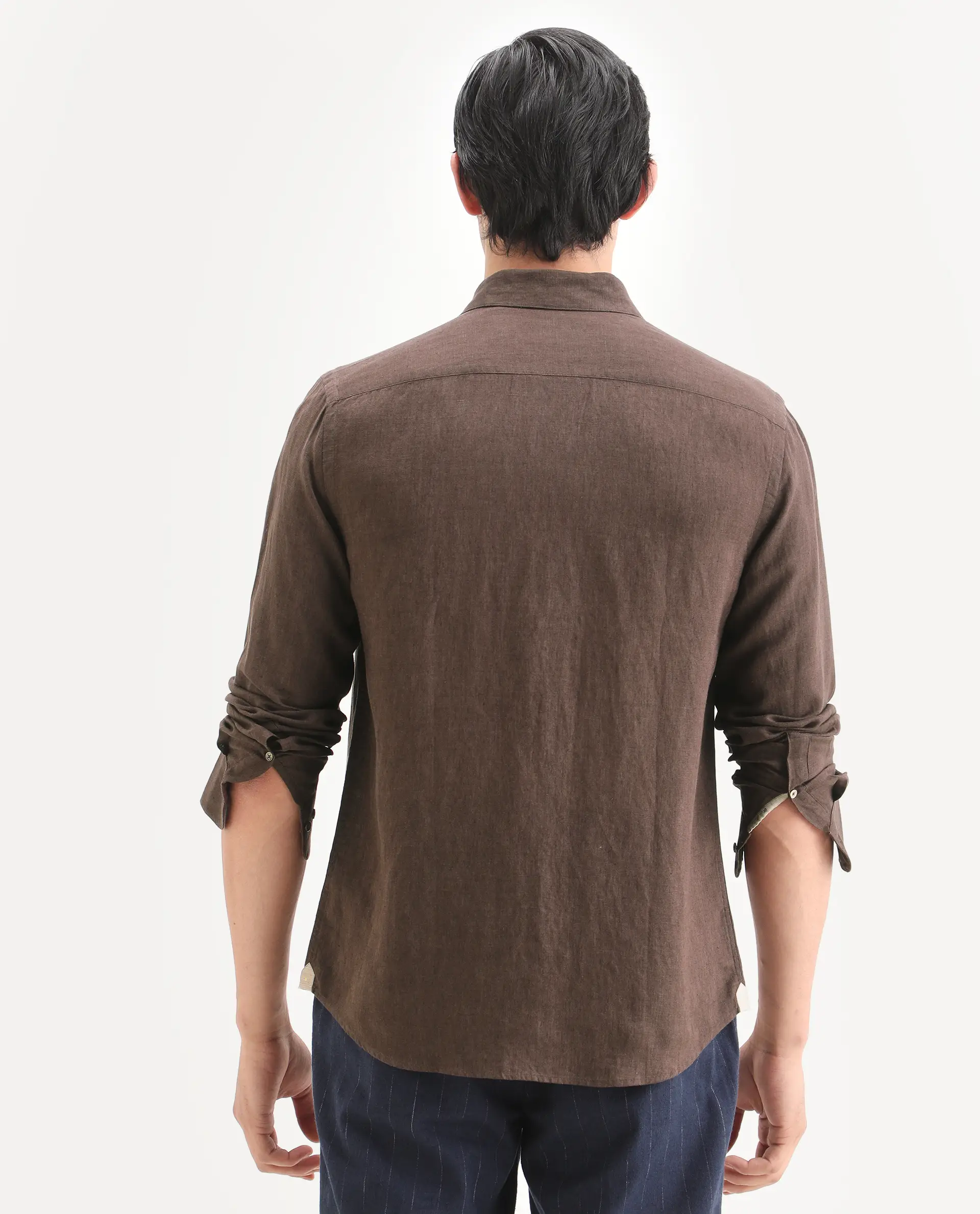 Rare Rabbit Men's Linex Ls Dark Brown Linen Blend Fabric Full Sleeve Spread Collar Regular Fit Plain Shirt - Image 7