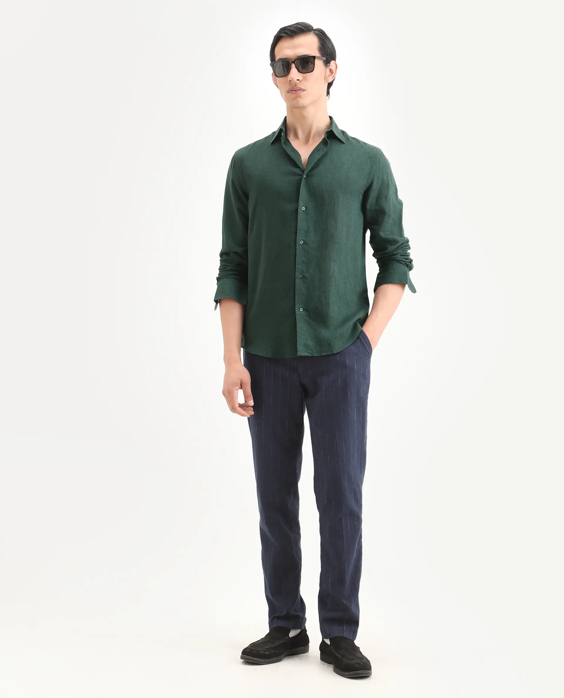 Rare Rabbit Men's Linex Ls Dark Green Linen Blend Fabric Full Sleeve Spread Collar Regular Fit Plain Shirt - Image 2