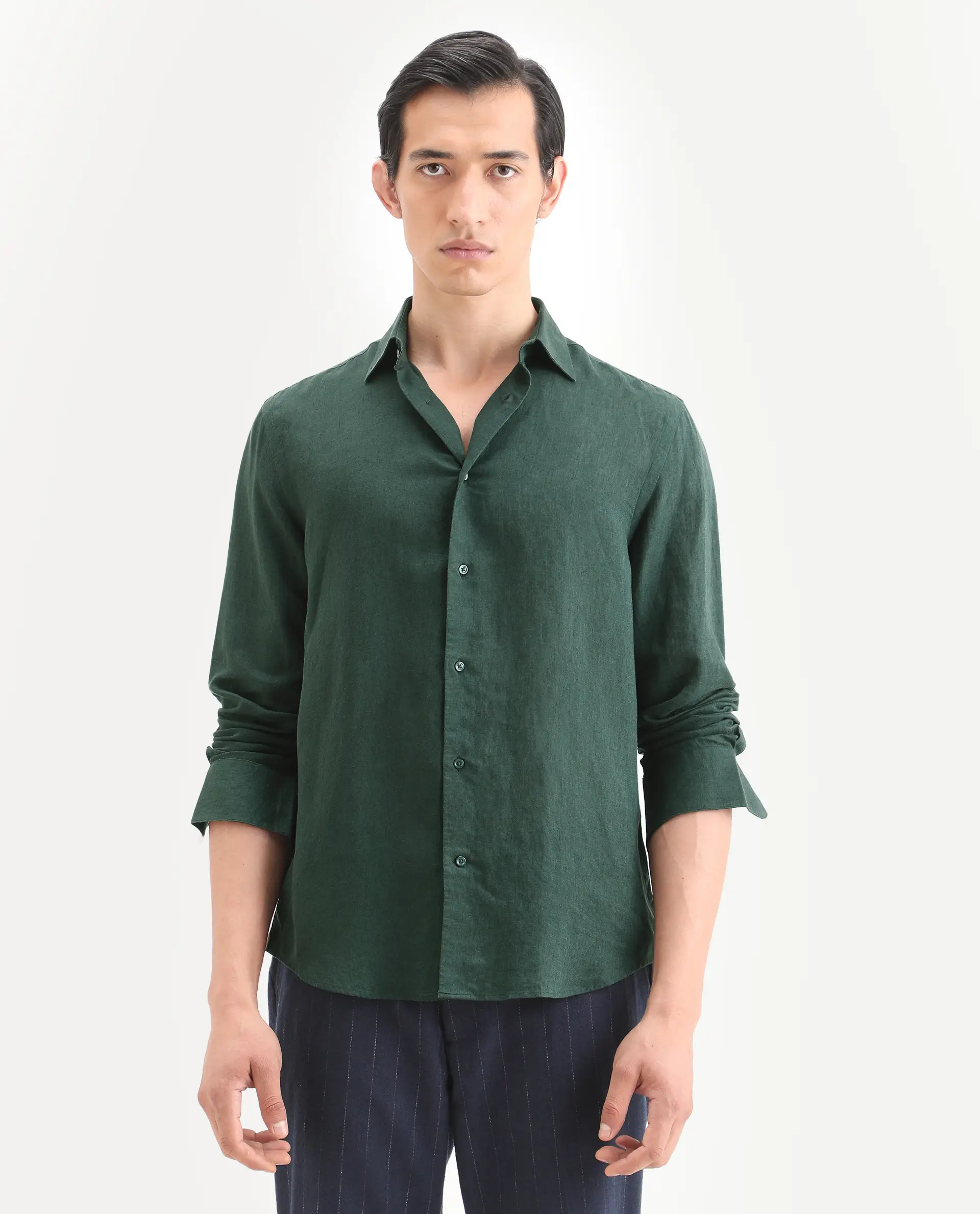 Rare Rabbit Men's Linex Ls Dark Green Linen Blend Fabric Full Sleeve Spread Collar Regular Fit Plain Shirt - Image 3
