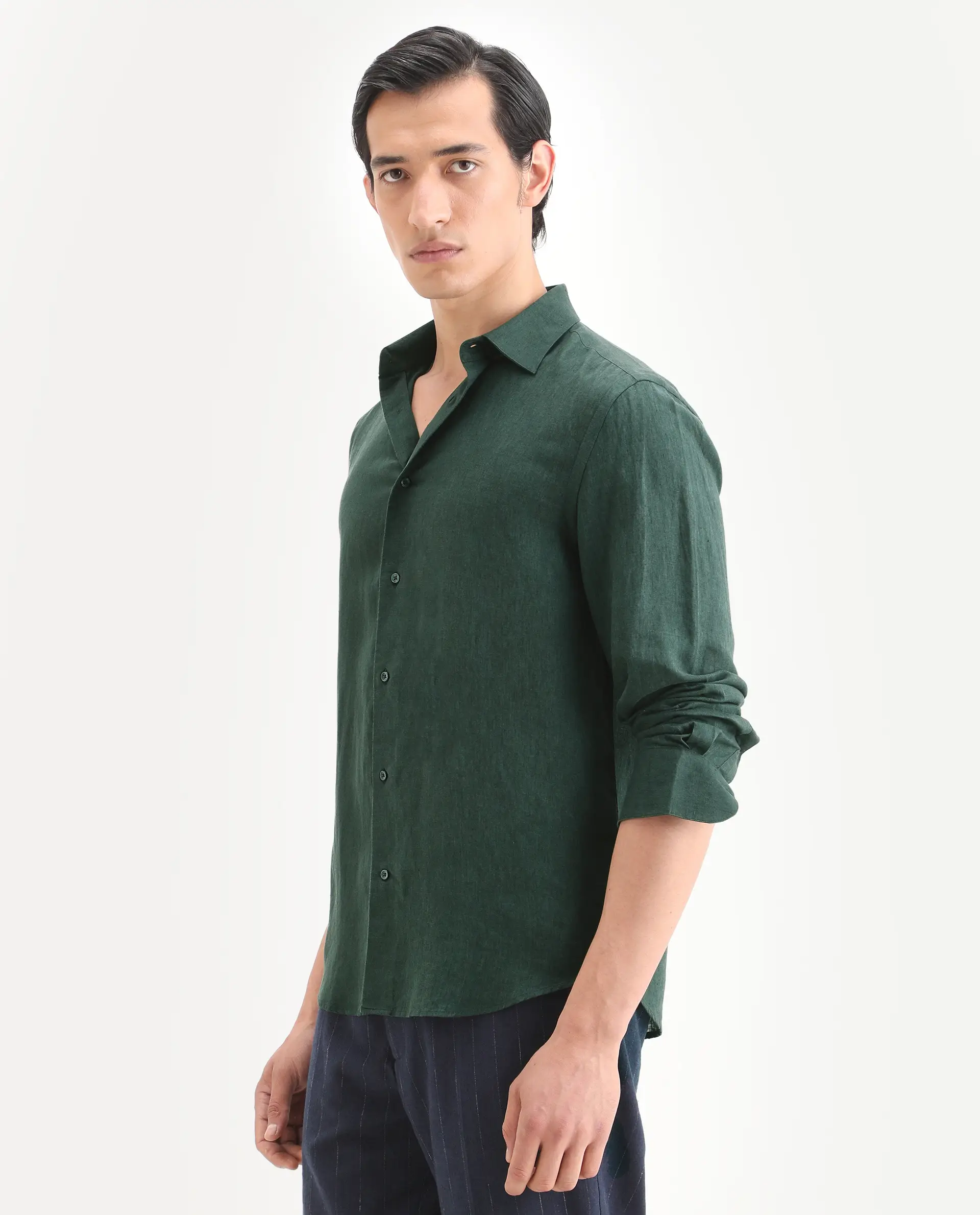 Rare Rabbit Men's Linex Ls Dark Green Linen Blend Fabric Full Sleeve Spread Collar Regular Fit Plain Shirt - Image 4