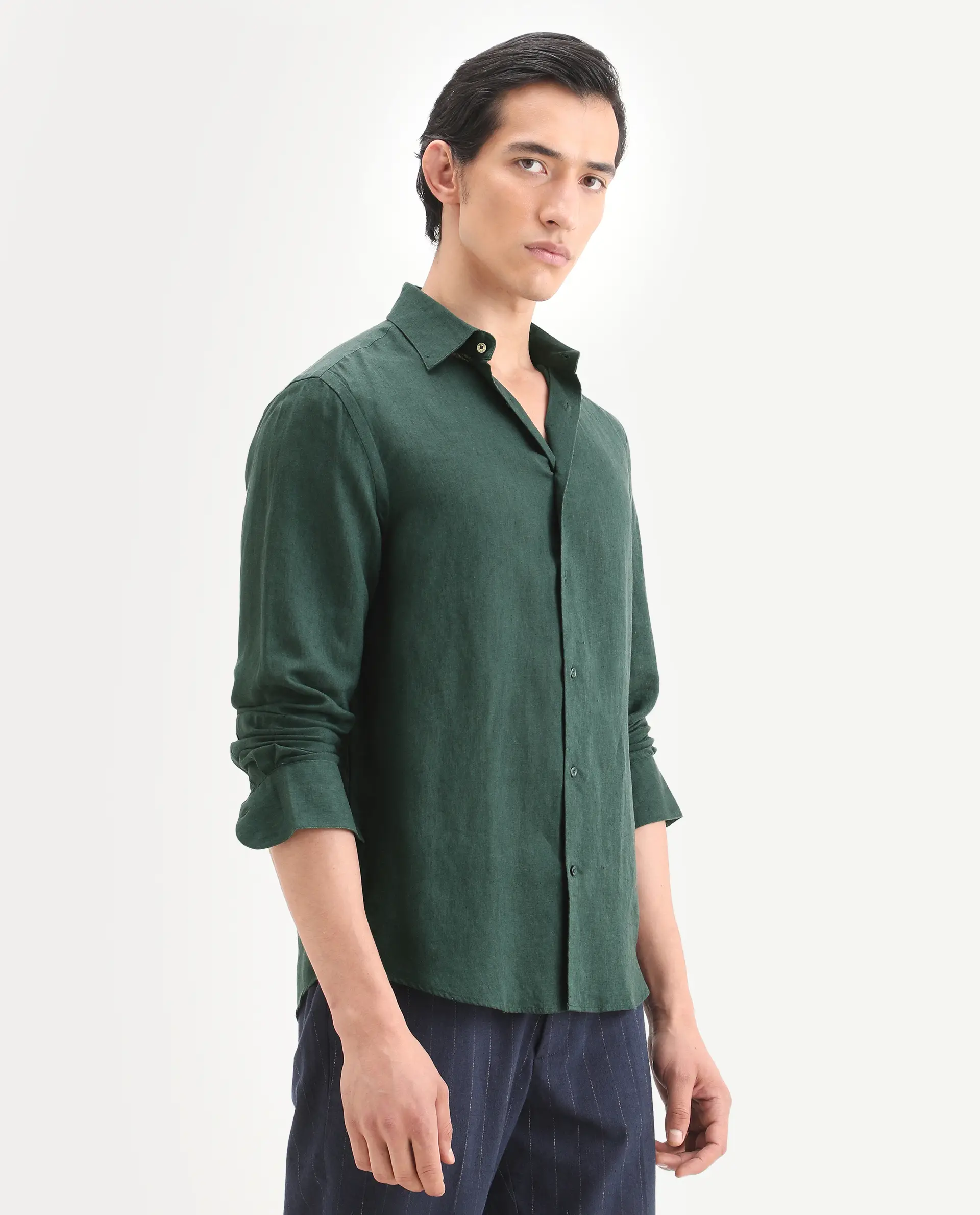 Rare Rabbit Men's Linex Ls Dark Green Linen Blend Fabric Full Sleeve Spread Collar Regular Fit Plain Shirt - Image 5