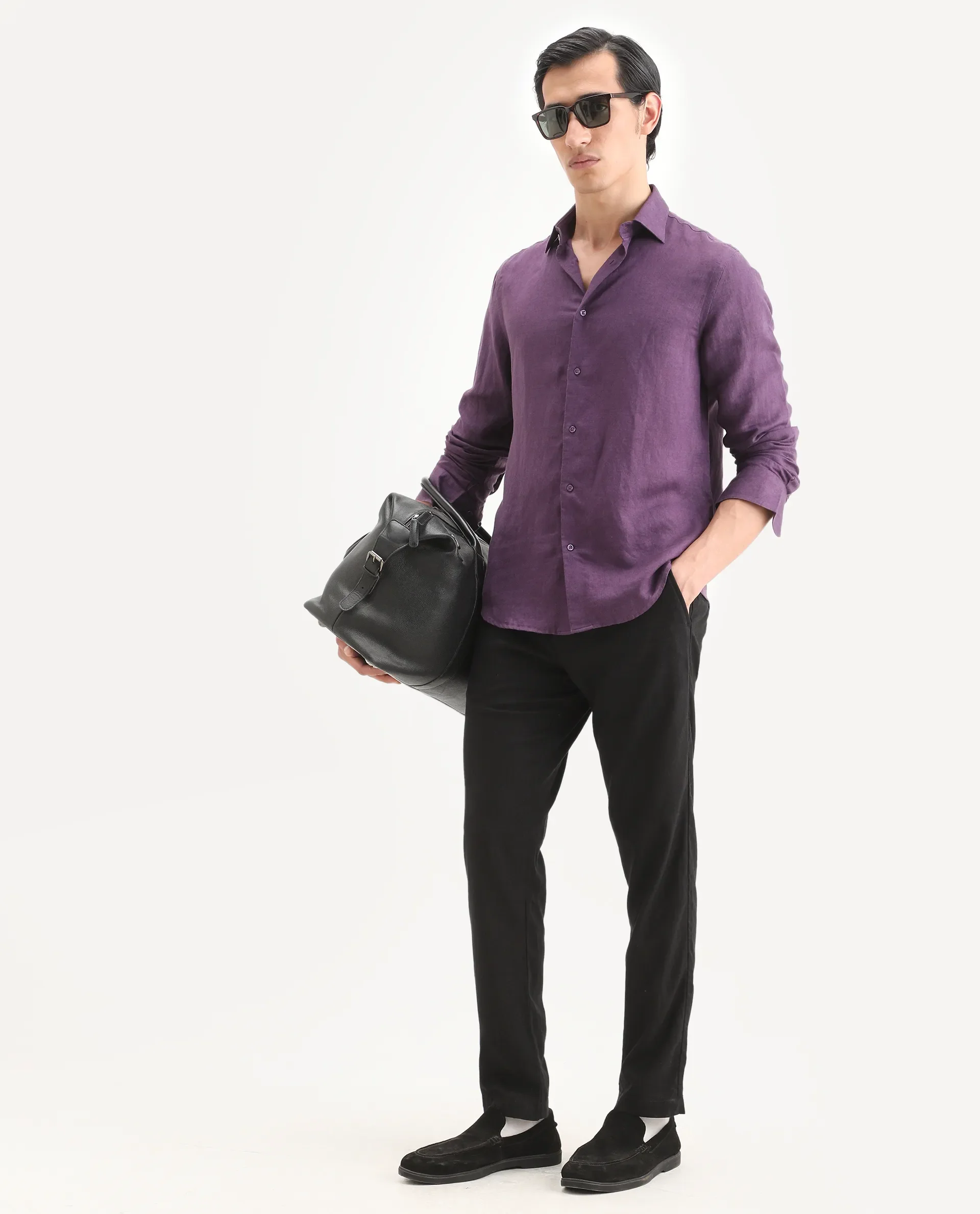 Rare Rabbit Men's Linex Ls Dark Purple Linen Blend Fabric Full Sleeve Spread Collar Regular Fit Plain Shirt - Image 2