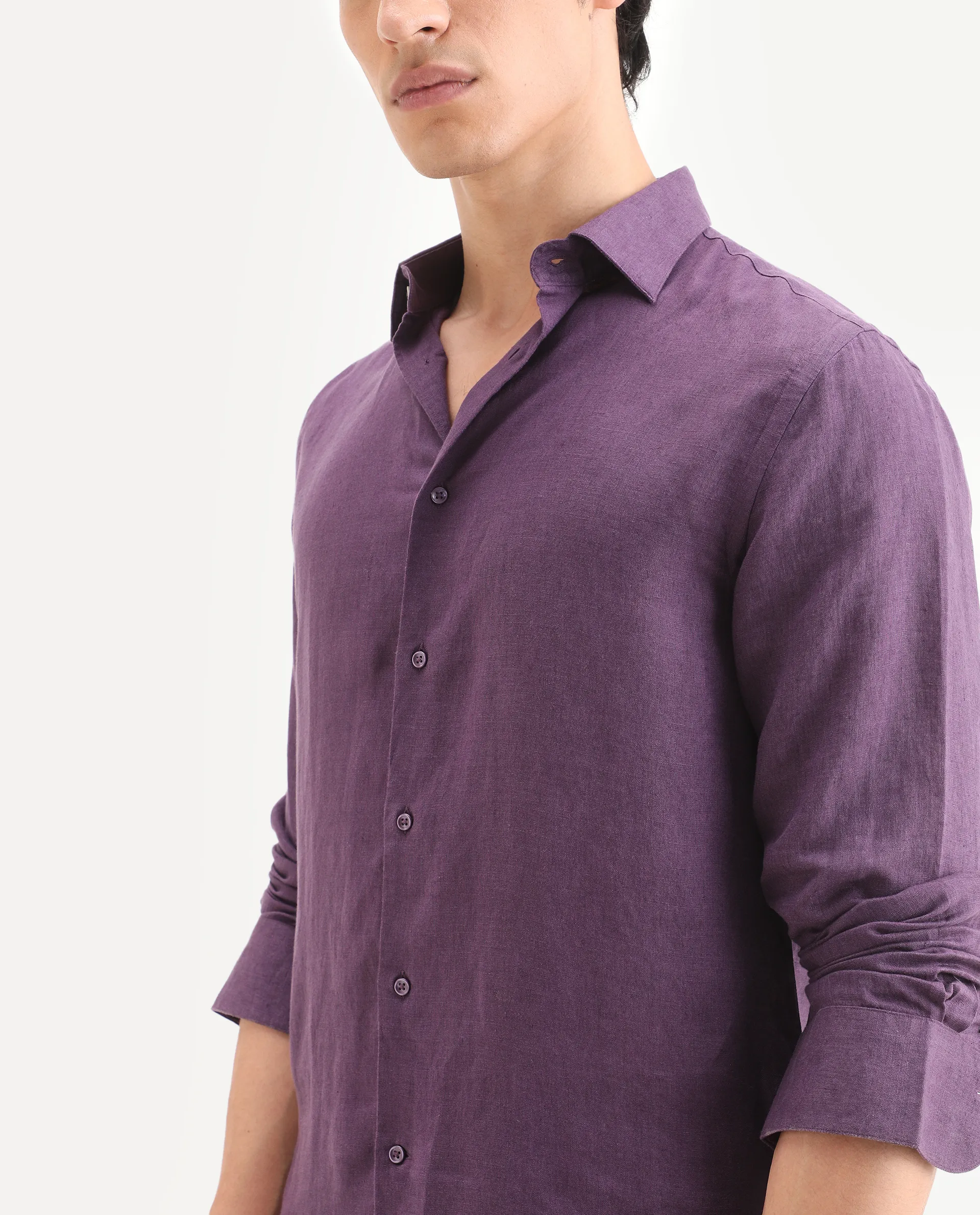 Rare Rabbit Men's Linex Ls Dark Purple Linen Blend Fabric Full Sleeve Spread Collar Regular Fit Plain Shirt - Image 3