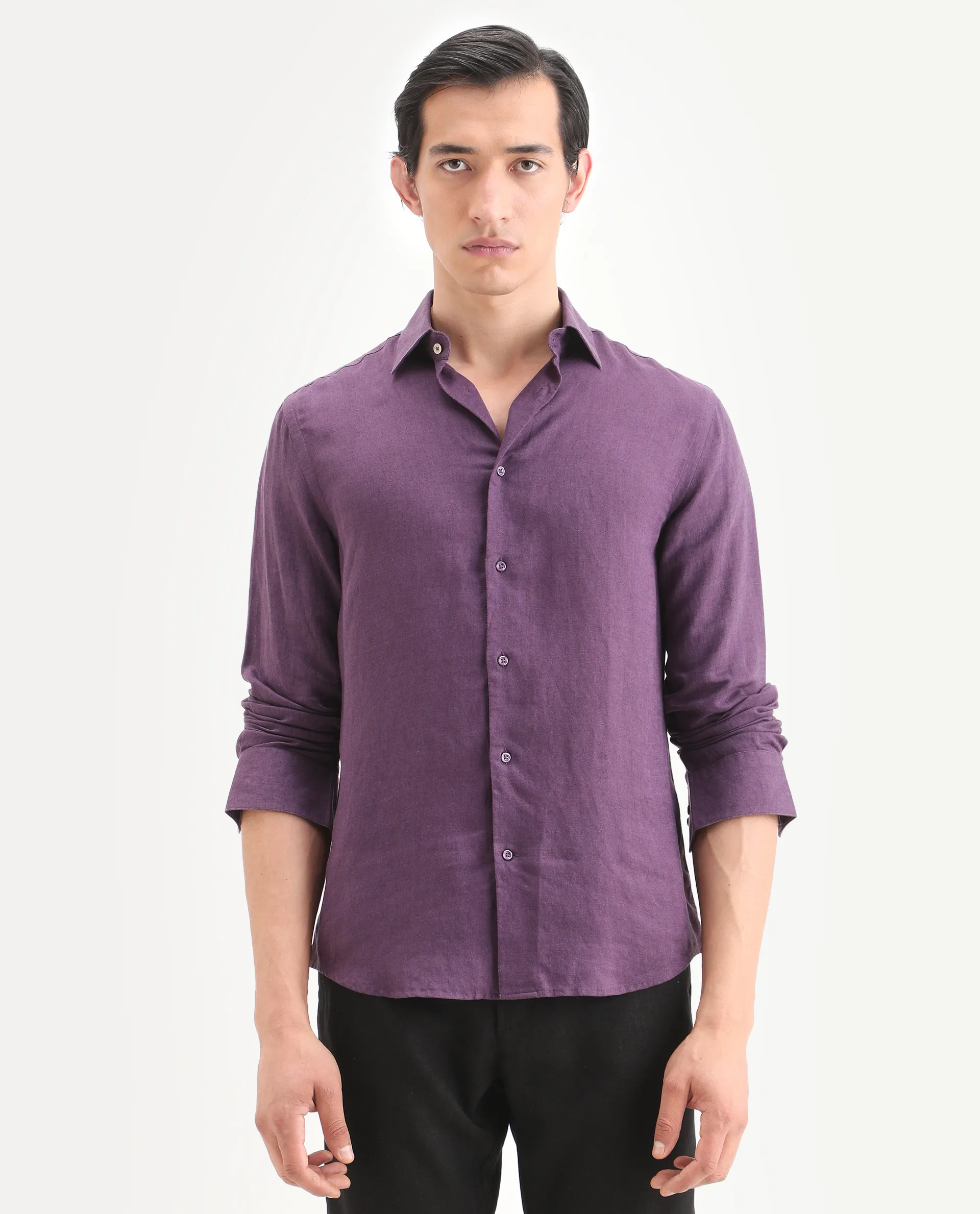 Rare Rabbit Men's Linex Ls Dark Purple Linen Blend Fabric Full Sleeve Spread Collar Regular Fit Plain Shirt - Image 4