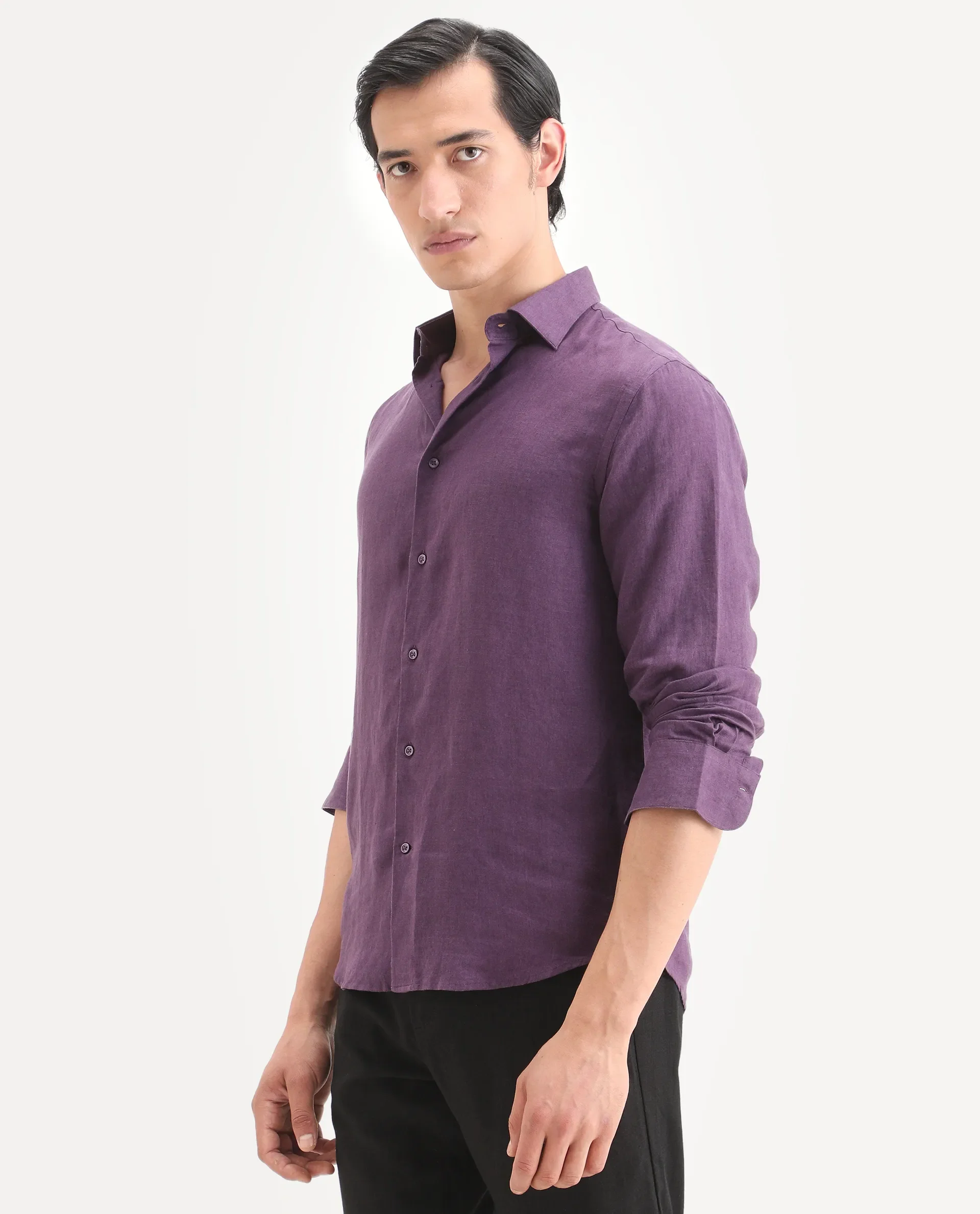 Rare Rabbit Men's Linex Ls Dark Purple Linen Blend Fabric Full Sleeve Spread Collar Regular Fit Plain Shirt - Image 5