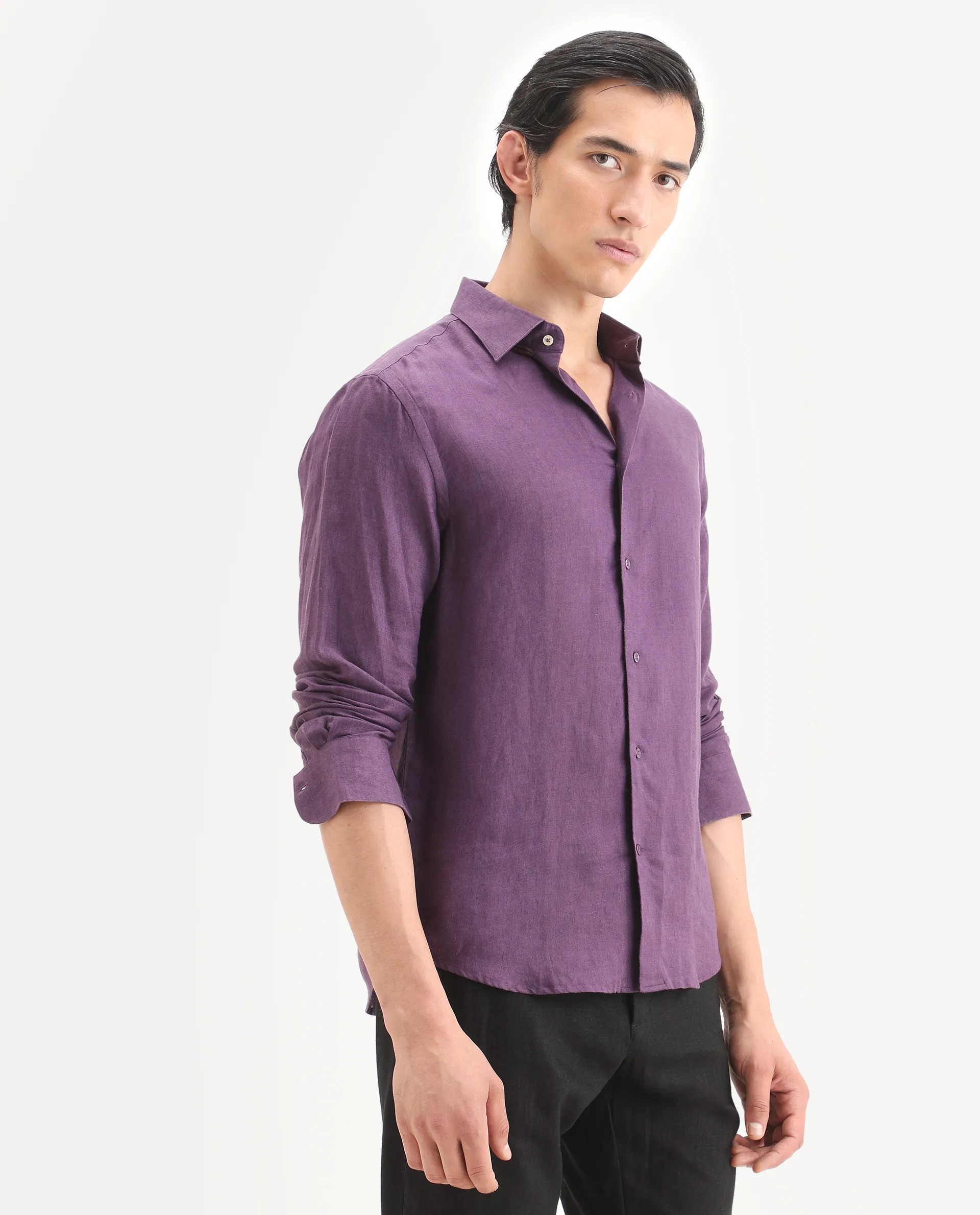 Rare Rabbit Men's Linex Ls Dark Purple Linen Blend Fabric Full Sleeve Spread Collar Regular Fit Plain Shirt - Image 6