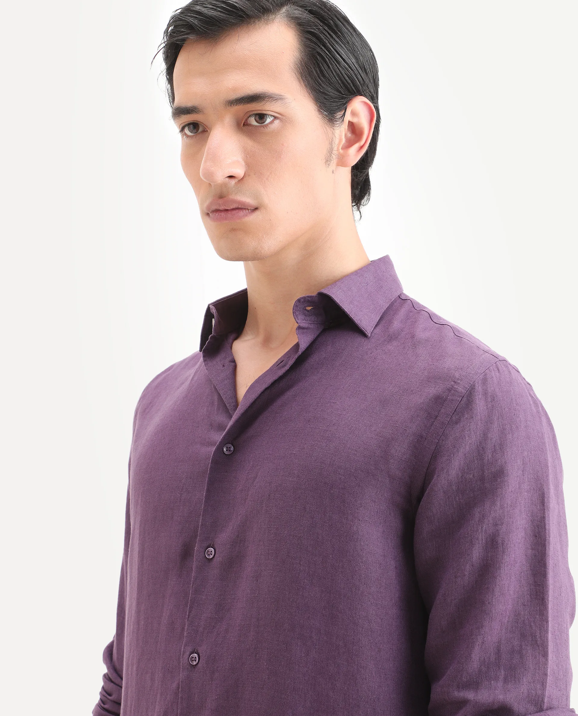 Rare Rabbit Men's Linex Ls Dark Purple Linen Blend Fabric Full Sleeve Spread Collar Regular Fit Plain Shirt - Image 7