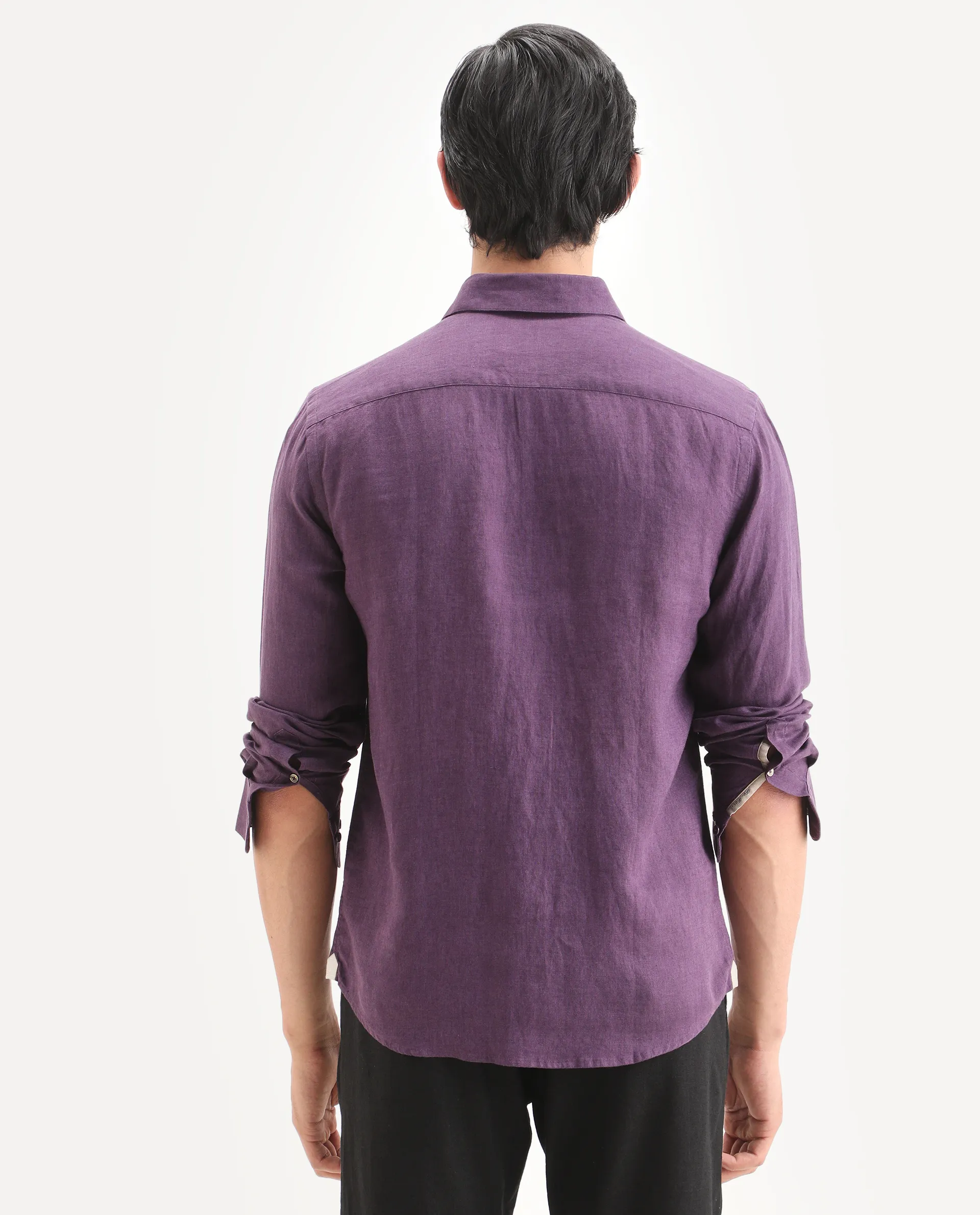 Rare Rabbit Men's Linex Ls Dark Purple Linen Blend Fabric Full Sleeve Spread Collar Regular Fit Plain Shirt - Image 8