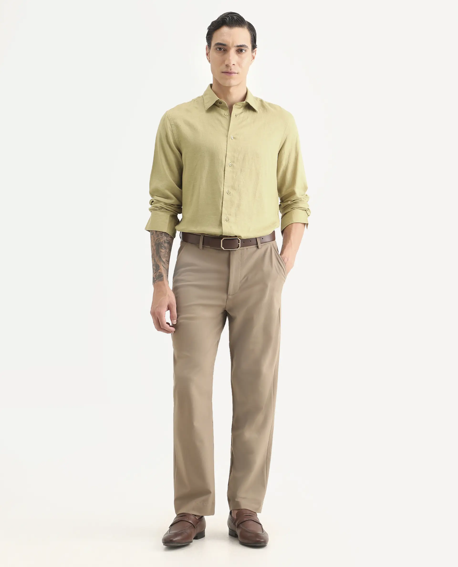 Rare Rabbit Men's Linex Ls Dusky Yellow Linen Blend Fabric Full Sleeve Spread Collar Regular Fit Plain Shirt - Image 2